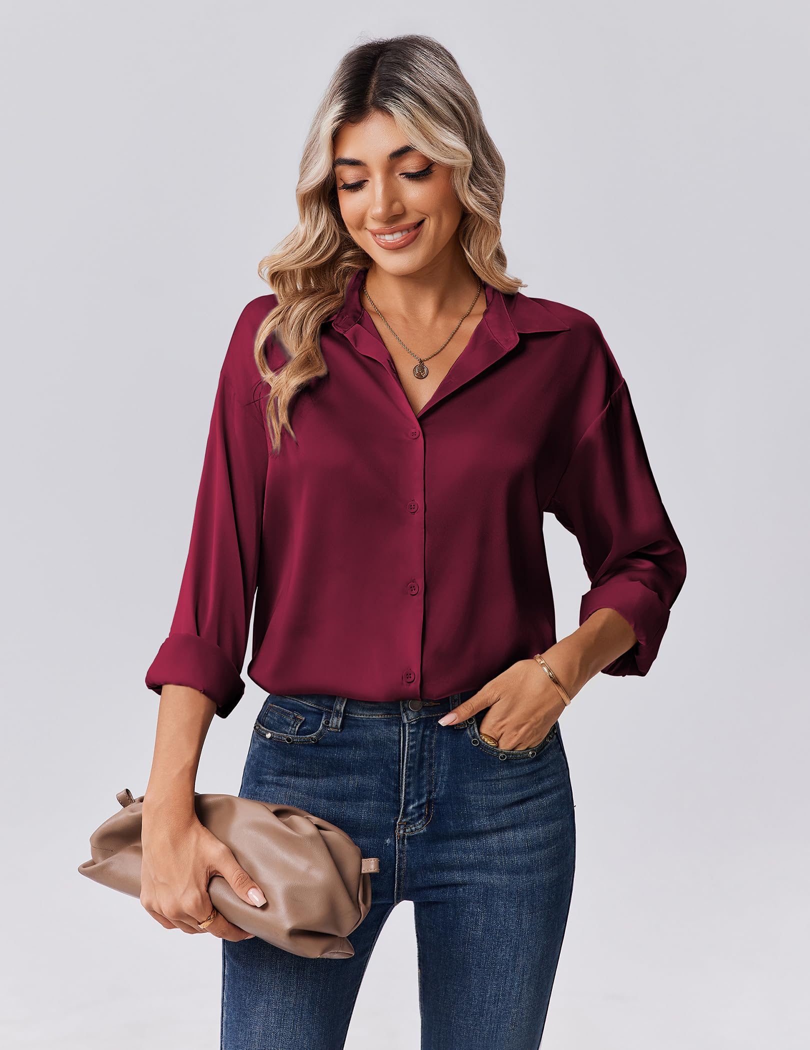 Zeagoo Camicia da donna in raso, con scollo a V, casual, elegante, a quadretti, in seta, a maniche lunghe