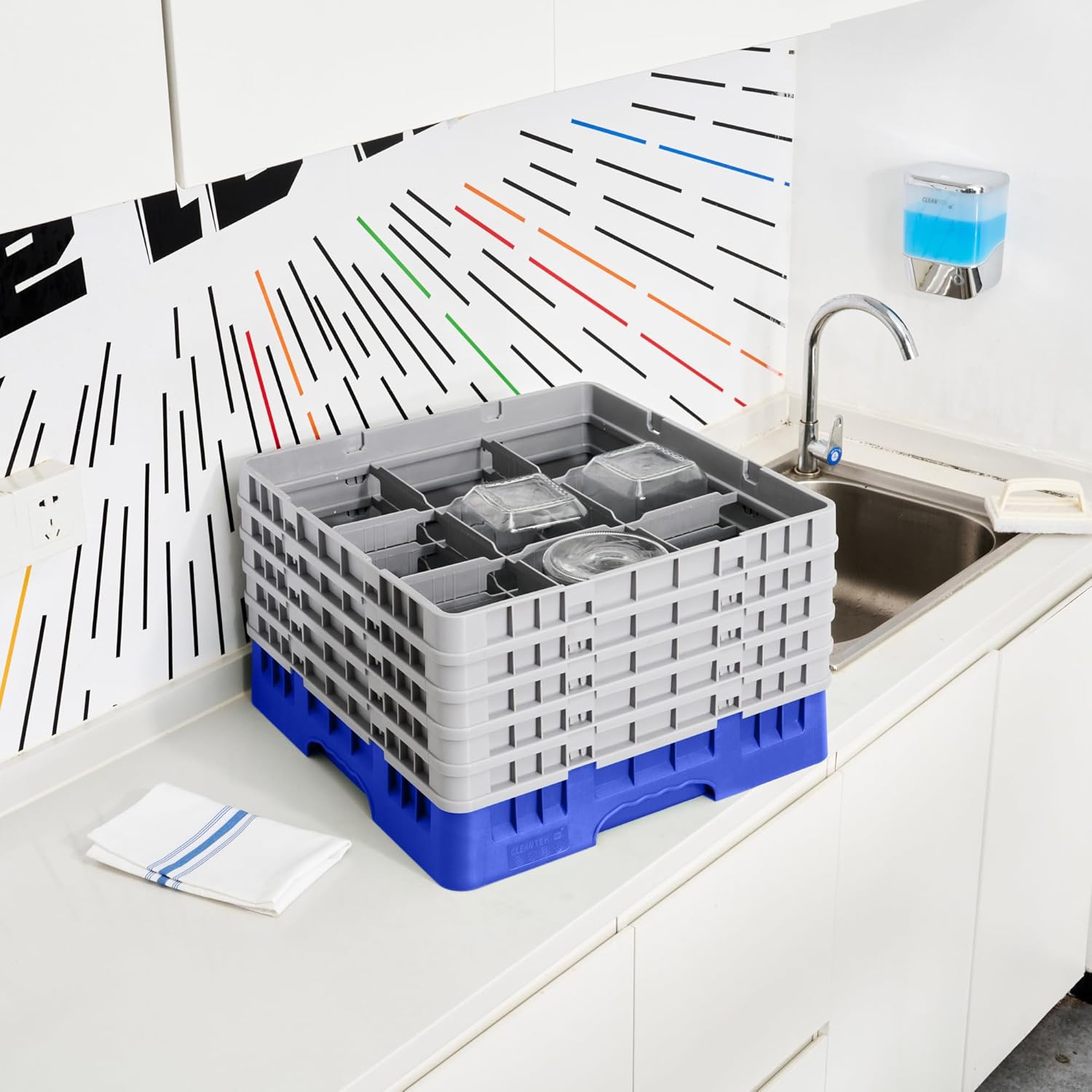 Restaurantware Clean Tek Professional 9 Compartment Glass Rack,1 Heavy Duty Durable Tray, With 1 Full Drop Extender and 4 Half Drop Extenders, Blue Glass Holder For Restaurants, Bars, and Pubs