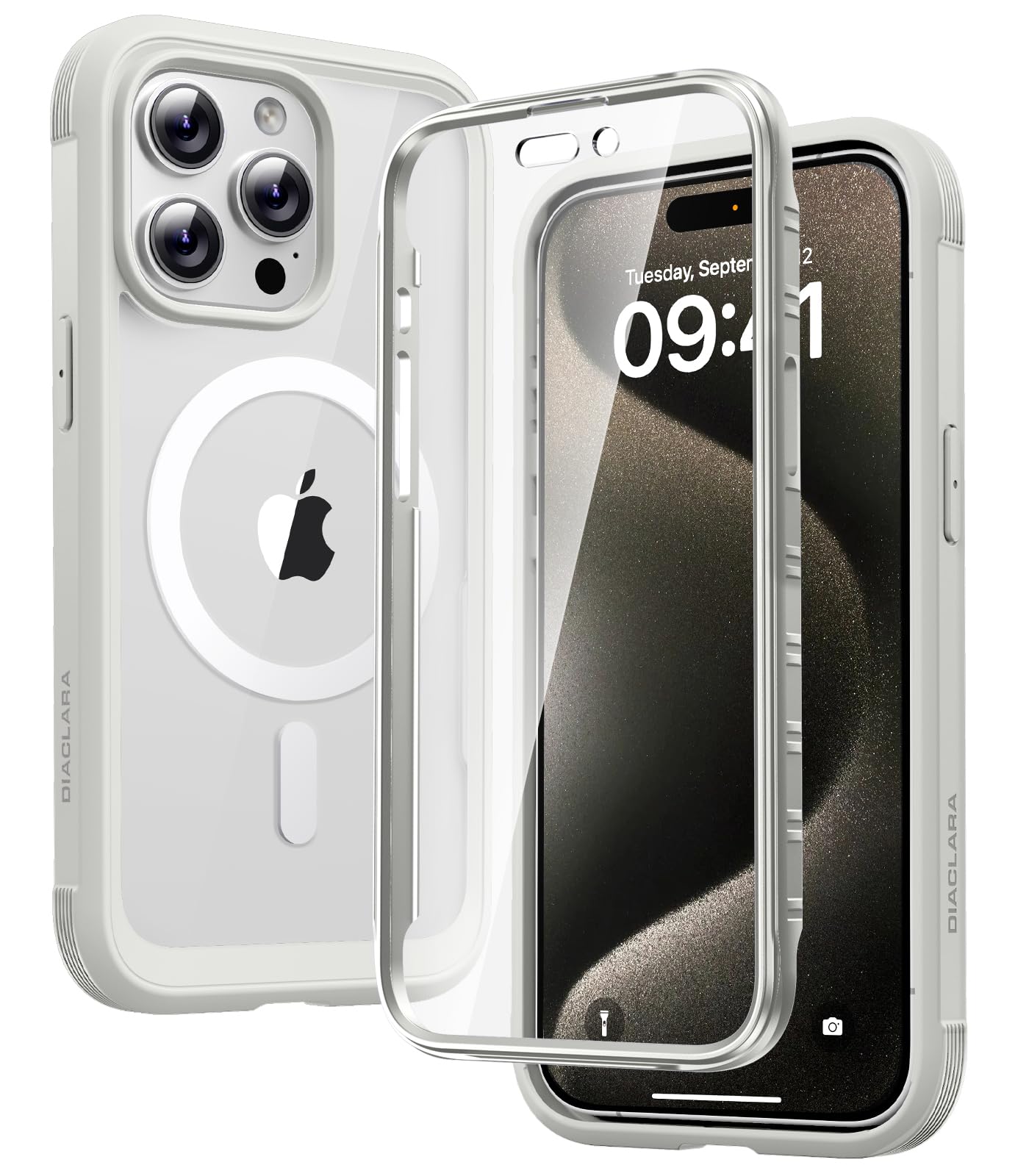 Diaclara Magnetic for iPhone 15 Pro Case with Screen Protector,White