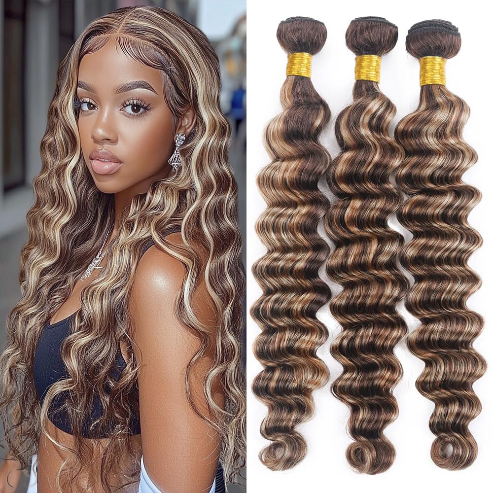 10/12/14 Inch Blonde Deep Wave Bundles P4/613 Highlight Ombre Human Hair Bundles Chocolate Brown and Light Blonde Mix Double Weft Brazilian Human Hair Extensions Soft & Thick