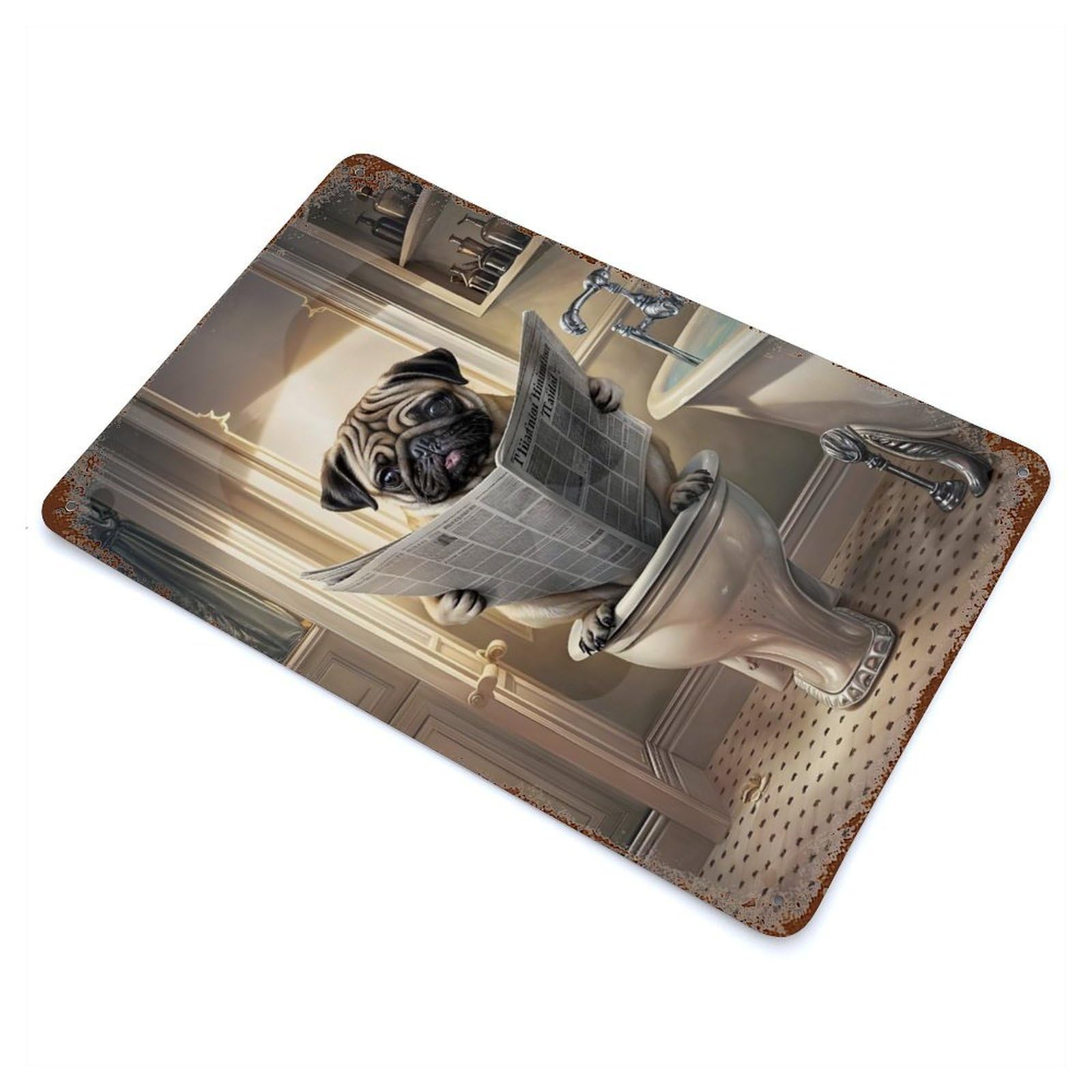 Rust Effect Funny Pug in Toilet Decorative Tin Sign 11.8"x7.9", Vintage Wall Decor for Farmhouse, Kitchen And Entryway Decor
