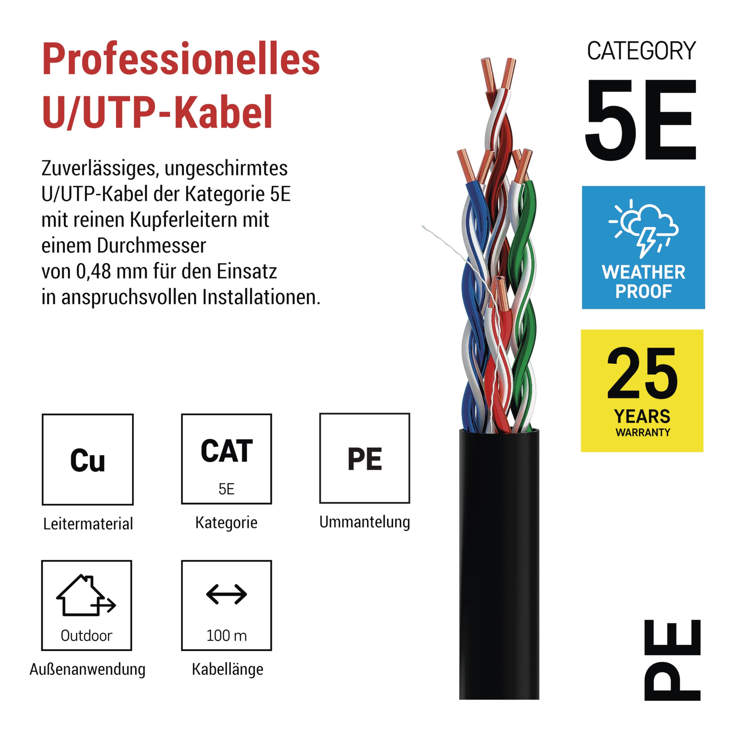 EMOS - Cavo di rete UTP CAT 5e, 100 m, PE - Cavo patch UTP CAT5e - Cavo LAN Gigabit - Cavo Ethernet non schermato - per esterni