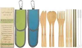 UPTRUST 2 conjuntos de talheres de bambu para viagem, utensílio de bambu orgânico reutilizável, garfo de bambu, faca de garfo, palitos para limpeza de palha para viagem, piquenique, escola, escritório, Skyblue& Green