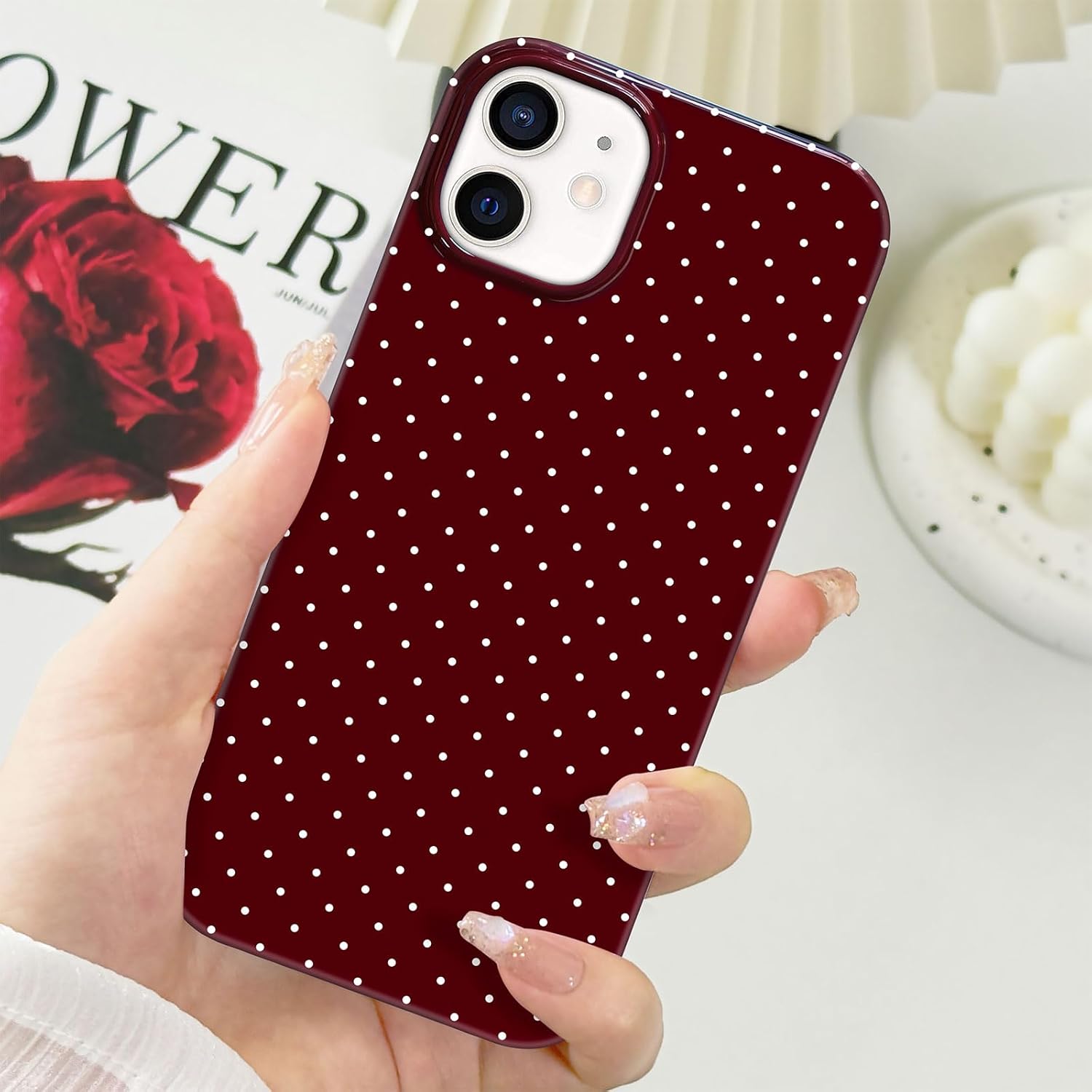  for iPhone 11 Case Cute Polka Dot Aesthetic Design Simple Cover 6.1", Thin Slim Anti-Scratch Soft TPU Bumper Shockproof Rubber Protective Phone Cases for Women Girls Girly Boys, Wine Red thumbnail
