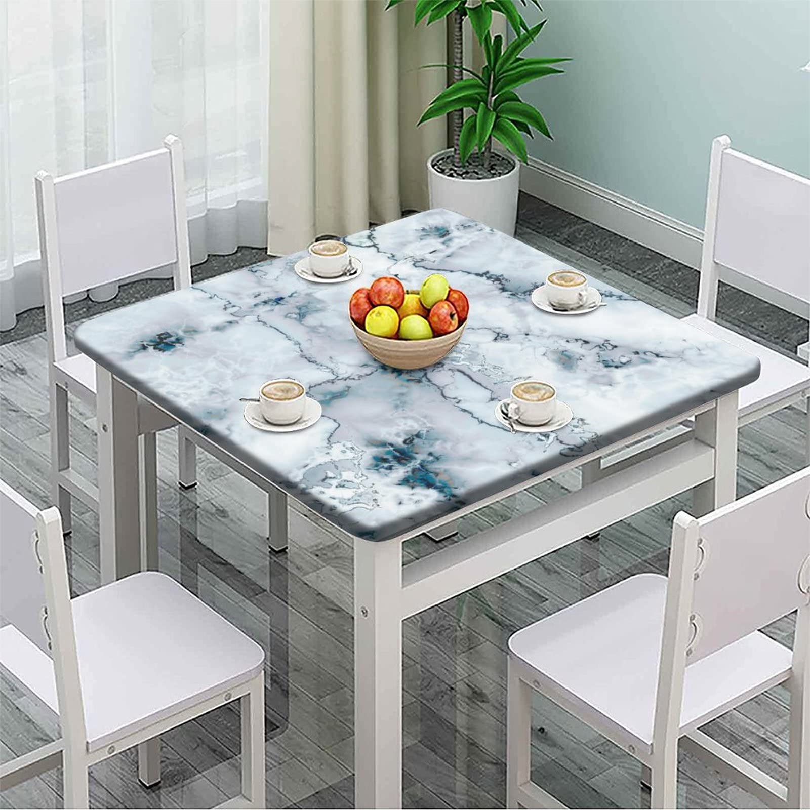 Marble Square Tablecloth, Waterproof Fitted Table Cloth for Outdoor Indoor Picnic, Abstract Print Wipeable Elastic Polyester Table Cover, Fits Tables up to 40