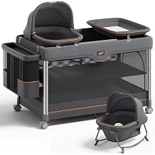 Pamo Babe 6-in-1 Pack and Play with Bassinet One-Step Setup Baby Bassinet, Portable Playard, Travel Crib with Mattress, Changing Table, Storage Bag & 4 Wheels Travel Playpen for Baby Gery