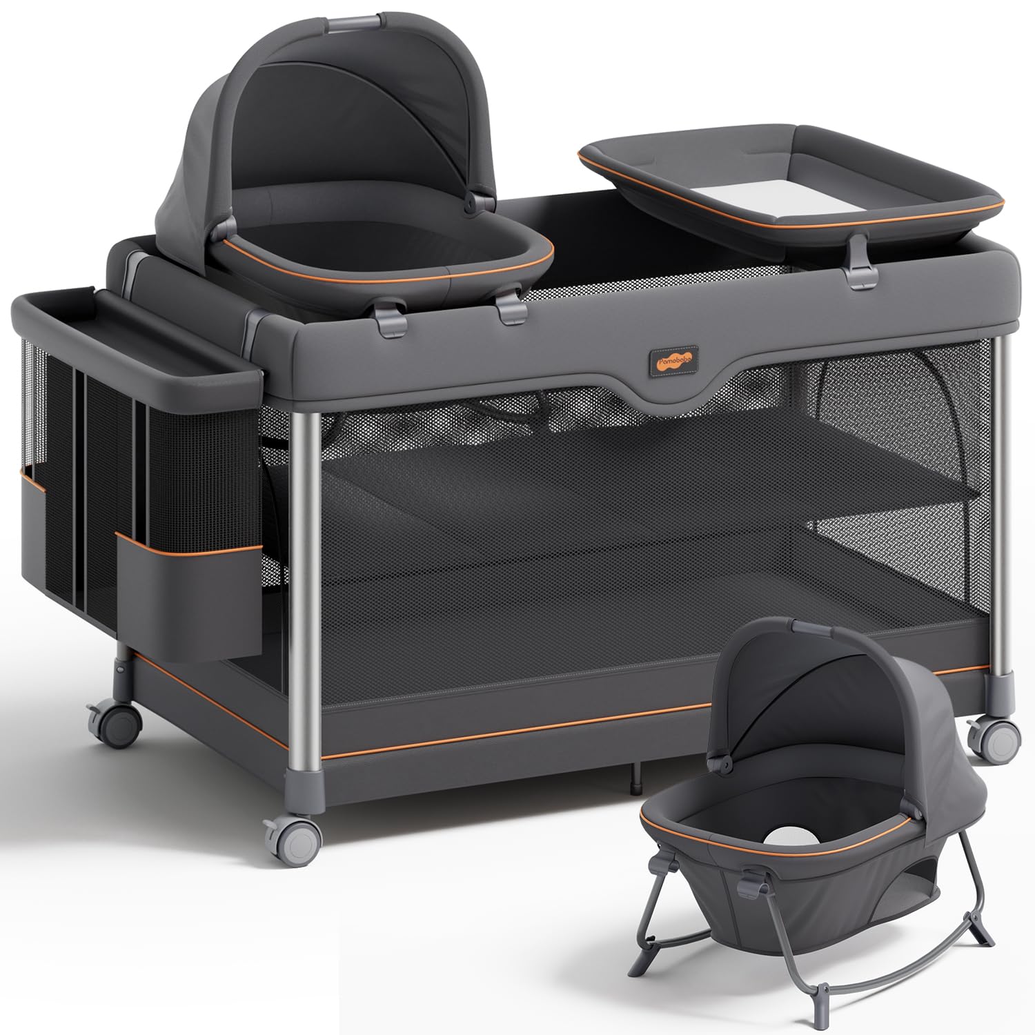 Pamo Babe 6-in-1 Pack and Play with Bassinet, Deluxe One-Step Setup Baby Bassinet with Changing Table, Sleeper Nest, Storage Bag, 4 Wheels Portable Crib Travel Playpen for Baby and Toddler (Gery)