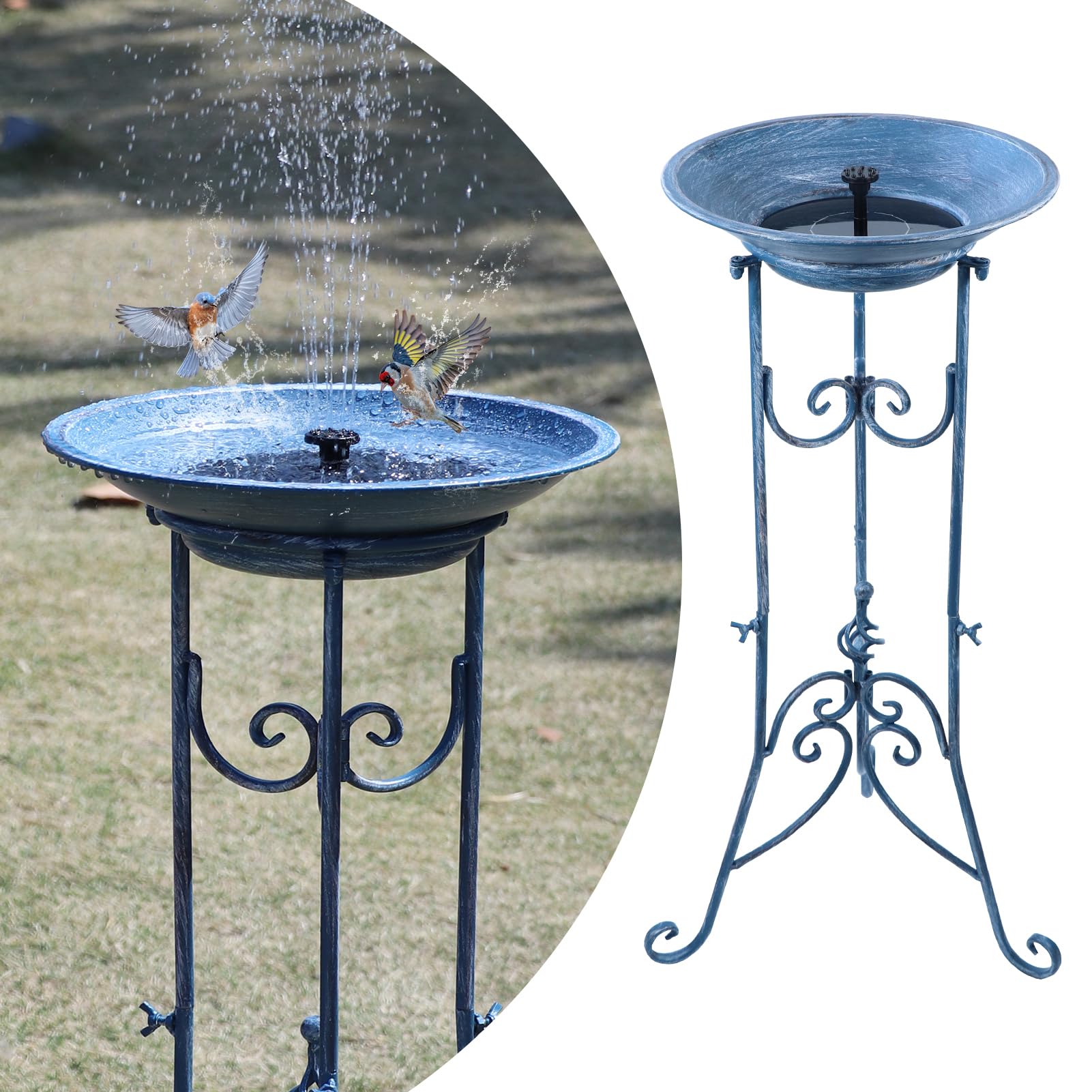 Multifunctional Solar Bird Bath Blue Metal