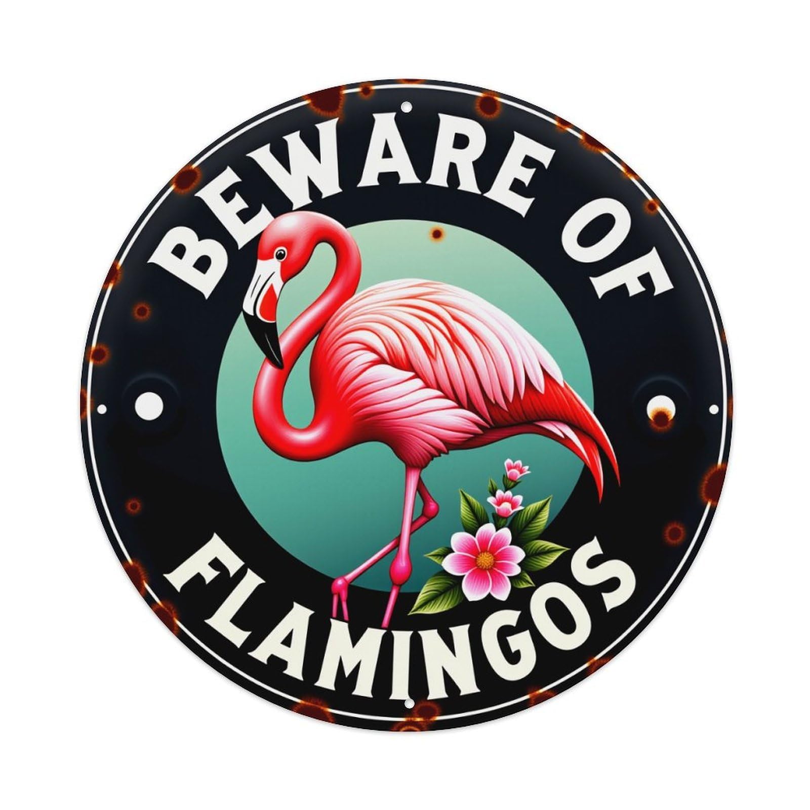 Beware Of Flamingos Sign Pattern Round Tin Sign Vintage Metal Poster Retro Bar, Home, Man Cave, Kitchen, Laundry Room Wall Art Decor Gift 8x8Inch