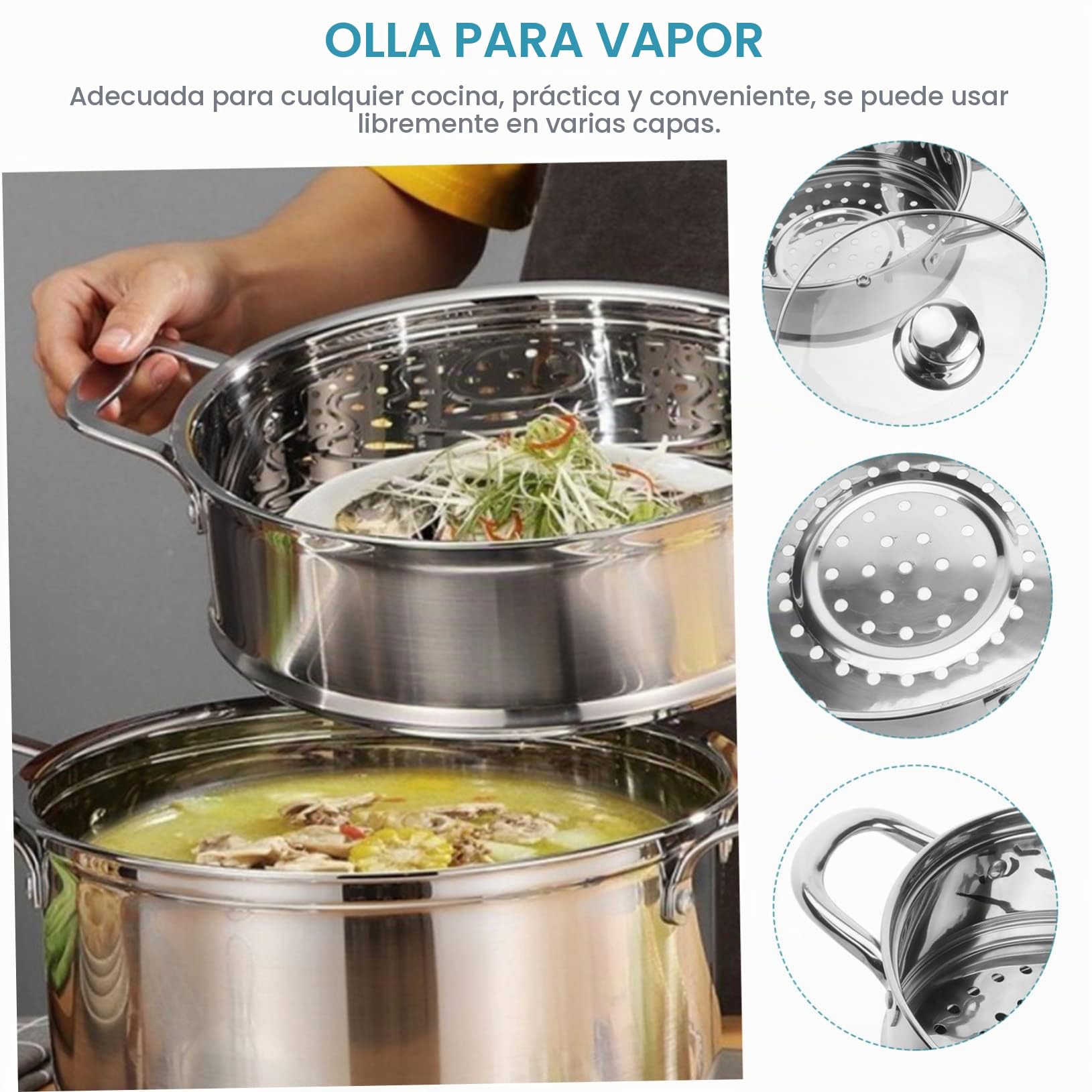 Vaporera Acero Inoxidable de 2 Niveles, Olla Vaporera para Verduras Tapa de Vidrio y Mango, Apta Cocina