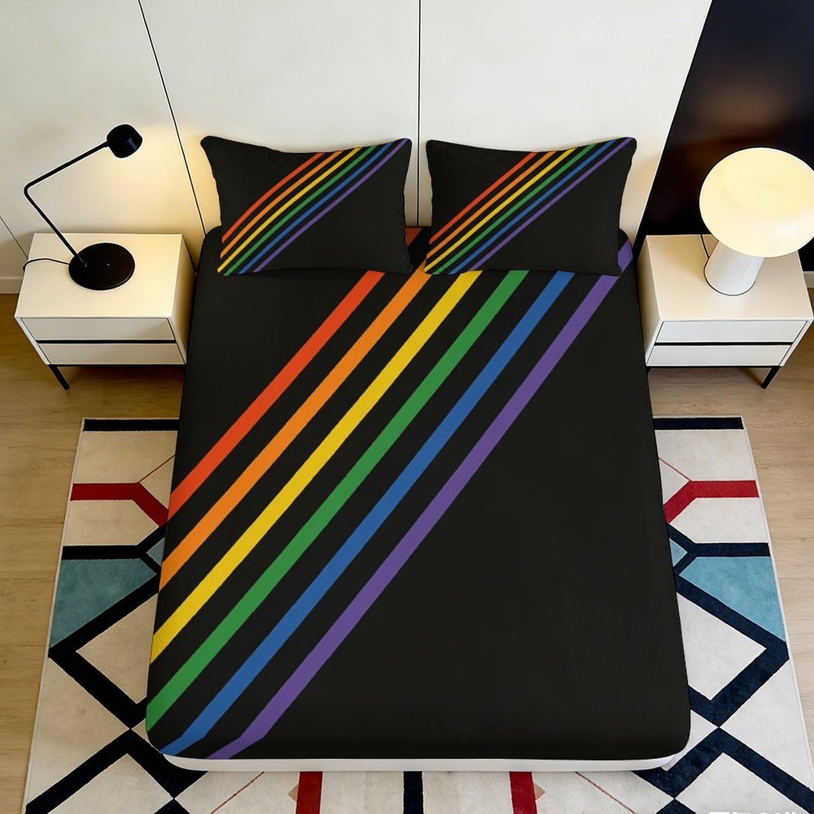 3D Printed Rainbow Stripe Fitted Sheet Microfiber Soft Black Multicolor Bed Cover for Bedroom Guestroom Mattress Protection 90x200x25cm