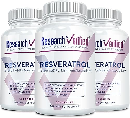 Research Verified Resveratrol - 98% Trans-Resveratrol 1000 mg, Soporte Antienvejecimiento - 60 Cápsulas por Botella - 3 Botellas