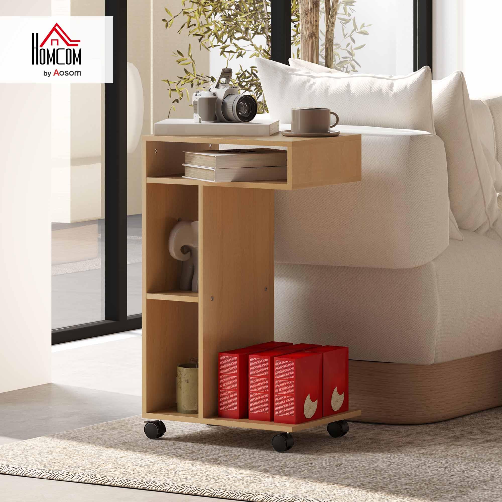 HOMCOM Mesa Auxiliar Multifuncional en Forma de C Mesa Auxiliar para Sofá con Ruedas Compartimentos Abiertos para Sofá Salón Dormitorio Oficina 40x30x69 cm Roble