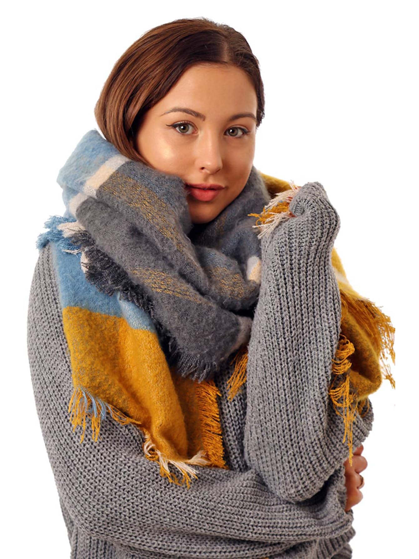 Style Slice Women's 08-Blue And Mustard Blanket Scarf Tartan Scarf Thick Warm Blanket Scarves, Plaid Check Long Large Oversized Soft Shawl And Wrap Christmas Gifts For