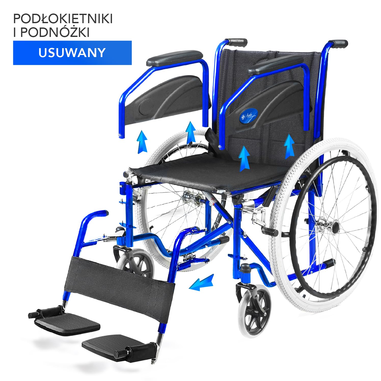 AIESI® Wózek Inwalidzki lekki składany dla osób niepełnosprawnych i starszych AGILA EVOLUTION, Zdejmowane podłokietniki i podnóżek, pas bezpieczeństwa, Pompa inflacyjna, Gwarancja 24 miesiące