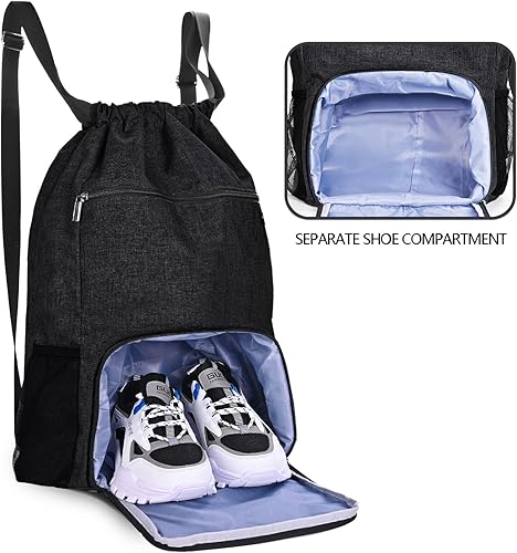 Miniatura 2 de Mochila con cordón con bolsillo para ropa húmeda y compartimento para zapatos, resistente al agua, para deportes, gimnasio, natación, bolsa para