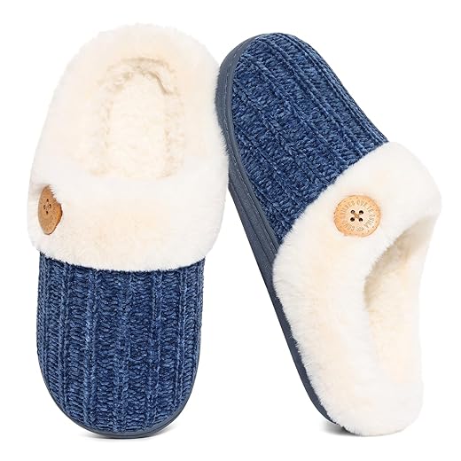 Evshine Warm Knit House Slippers for Women Comfy Wool-Like Lined Chenille Slippers with Memory Foam and Indoor Outdoor Soles