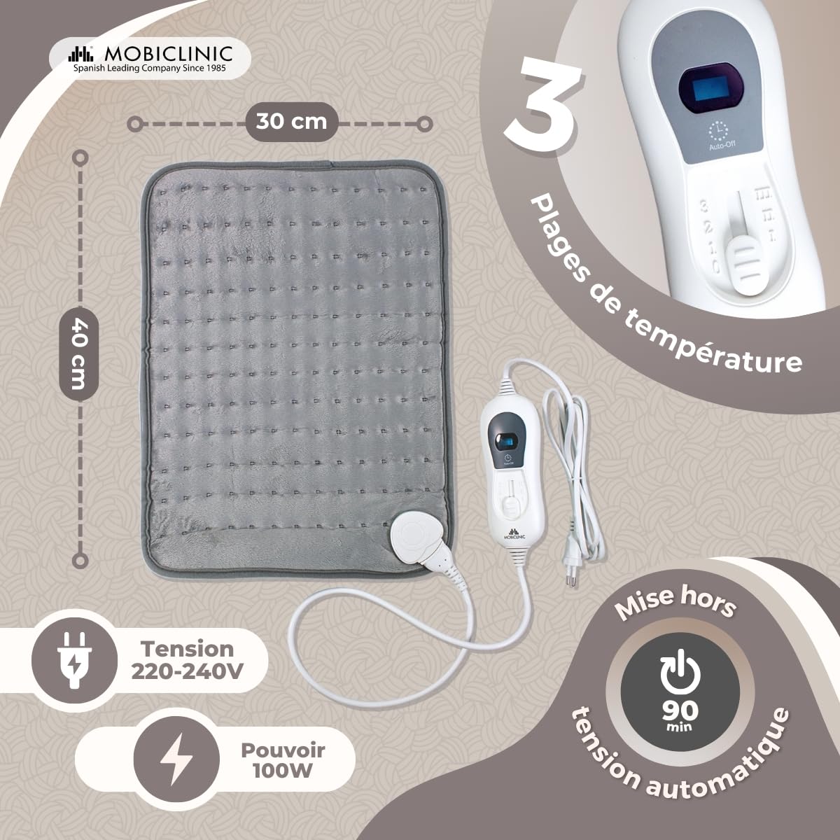 Mobiclinic, Coussin chauffant, 3 niveaux de chaleur, Faible consommation d'énergie, Arrêt automatique, Puissance 100w, Tapis, Marque espagnol, Les lombaires, 40x30 cm