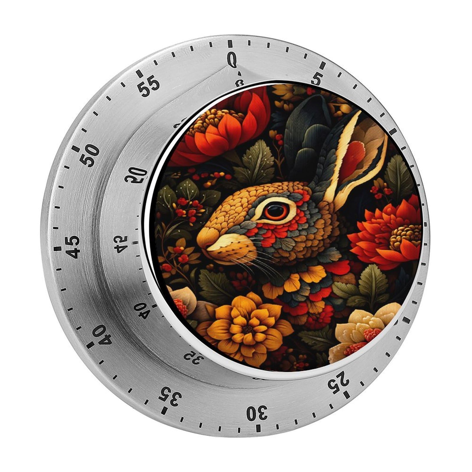 Rabbit Floral Folk Art 60 Minute Wind Up Timer,Visual Mechanical Magnetic Timer with Loud Alarm for Kitchen