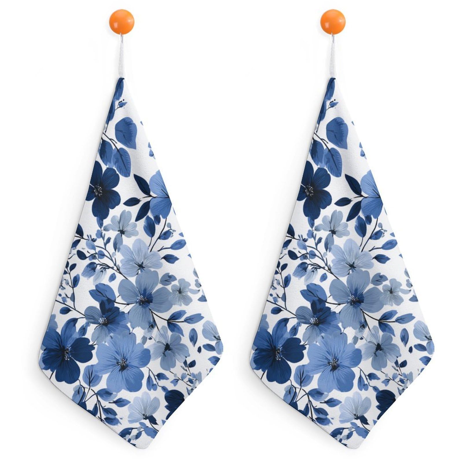 Jubonexis Large Stylized Blue Flower Clusters Small Hand Towel with Hanging Loop 2 PCS Absorbent Soft Wash Cloth for Kitchen Bathroom
