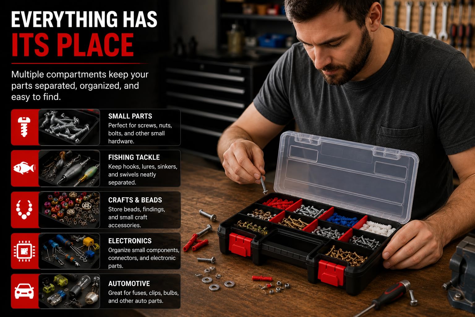 Compact Parts Organizer Box – Small Hardware Storage Case with 9 Compartments & 5 Dividers – Durable Nylon Screw, Bolt, Craft Organizer for Toolbox, Drawer, or Garage Use