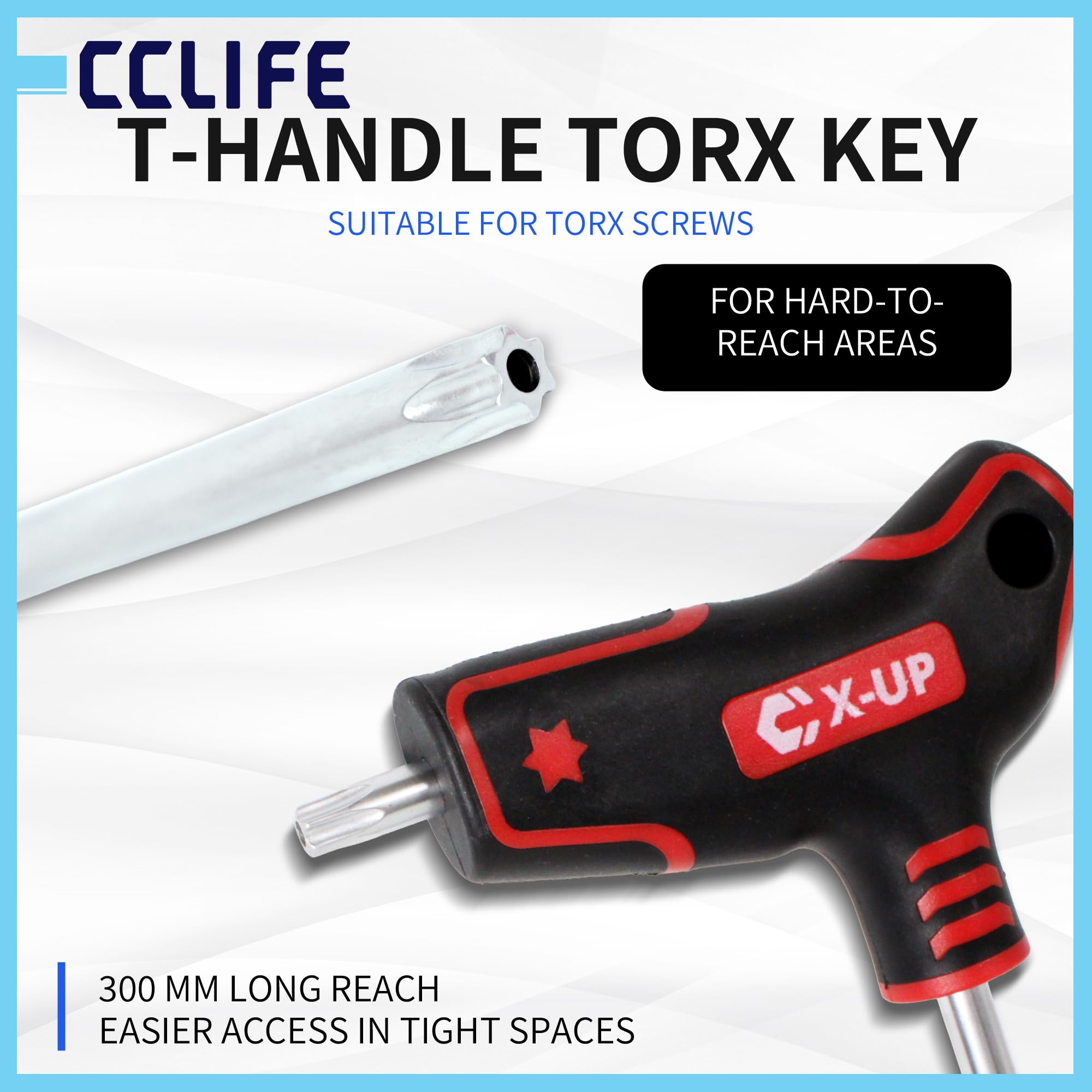 CCLIFE Torx zestaw kluczy z uchwytem T T10-T50 Torx 9-częściowy | 300 mm długości, stal S2, konstrukcja z dwoma końcówkami, narzędzie do naprawy roweru samochodowego