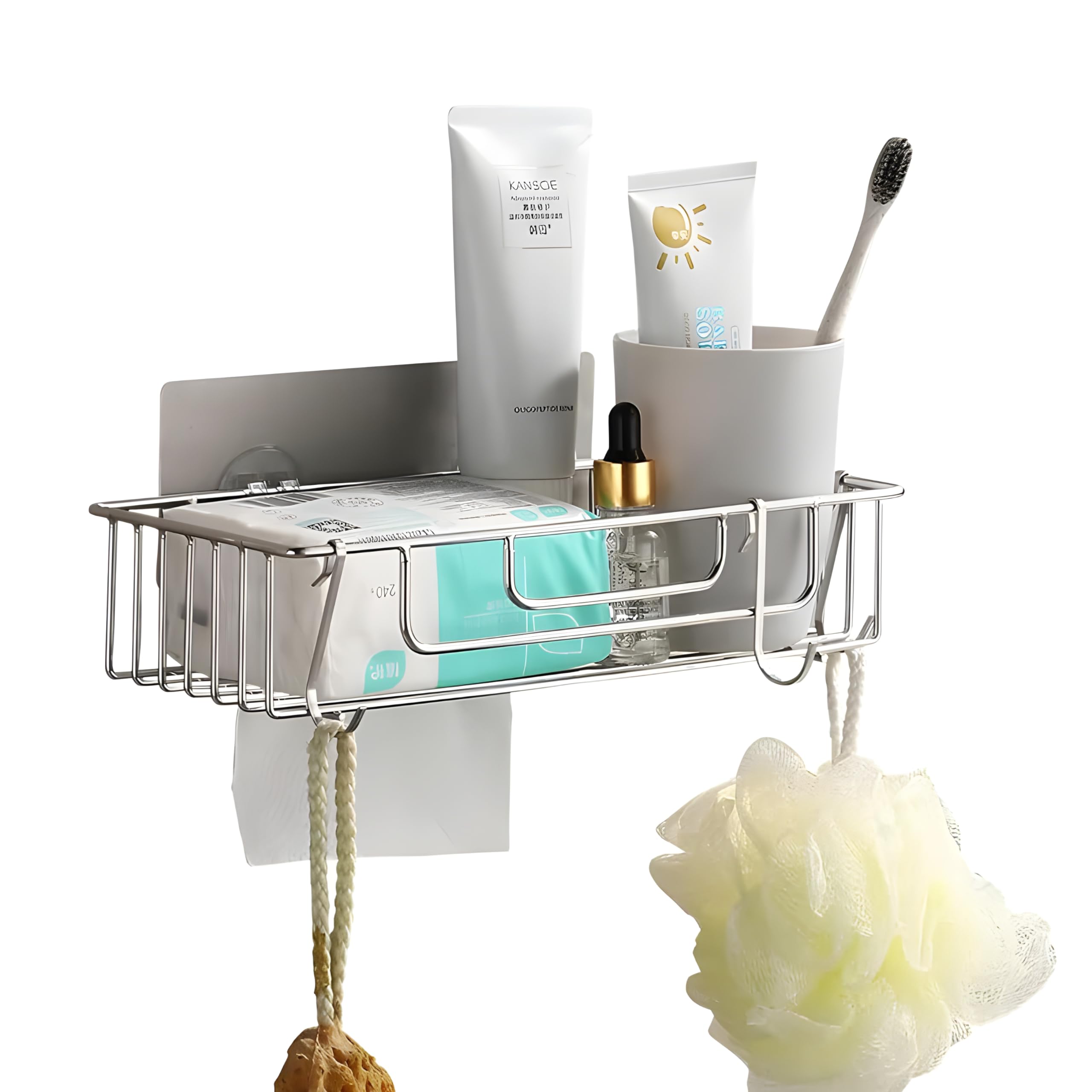 JIALTO Stainless Steel Self-Adhesive Bathroom Organiser with Towel Holder for Bathroom Accessories – No Drill, Wall Mount Bathroom Shelf for Wall (30L X 13W X 6H CM, Pack of 1)