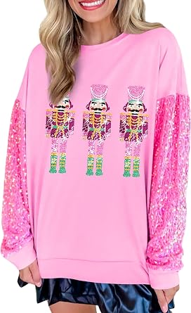 KMBANGI Women Cute Santa Sweatshirt Christmas Sparkly Sequin Print Shirt Crewneck Long Sleeve Pullover Sweatshirts Tops