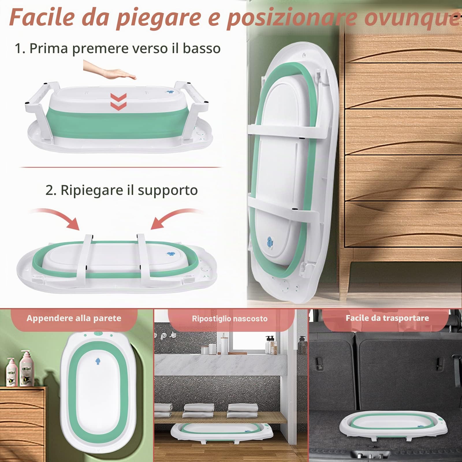 Aufun Bagnetto pieghevole Bagnetto ergonomico con piedini antiscivolo per neonati e neonati, stabile plastica PP e TPE,vasca pieghevole, salvaspazio (verde + cuscino per il bagno)