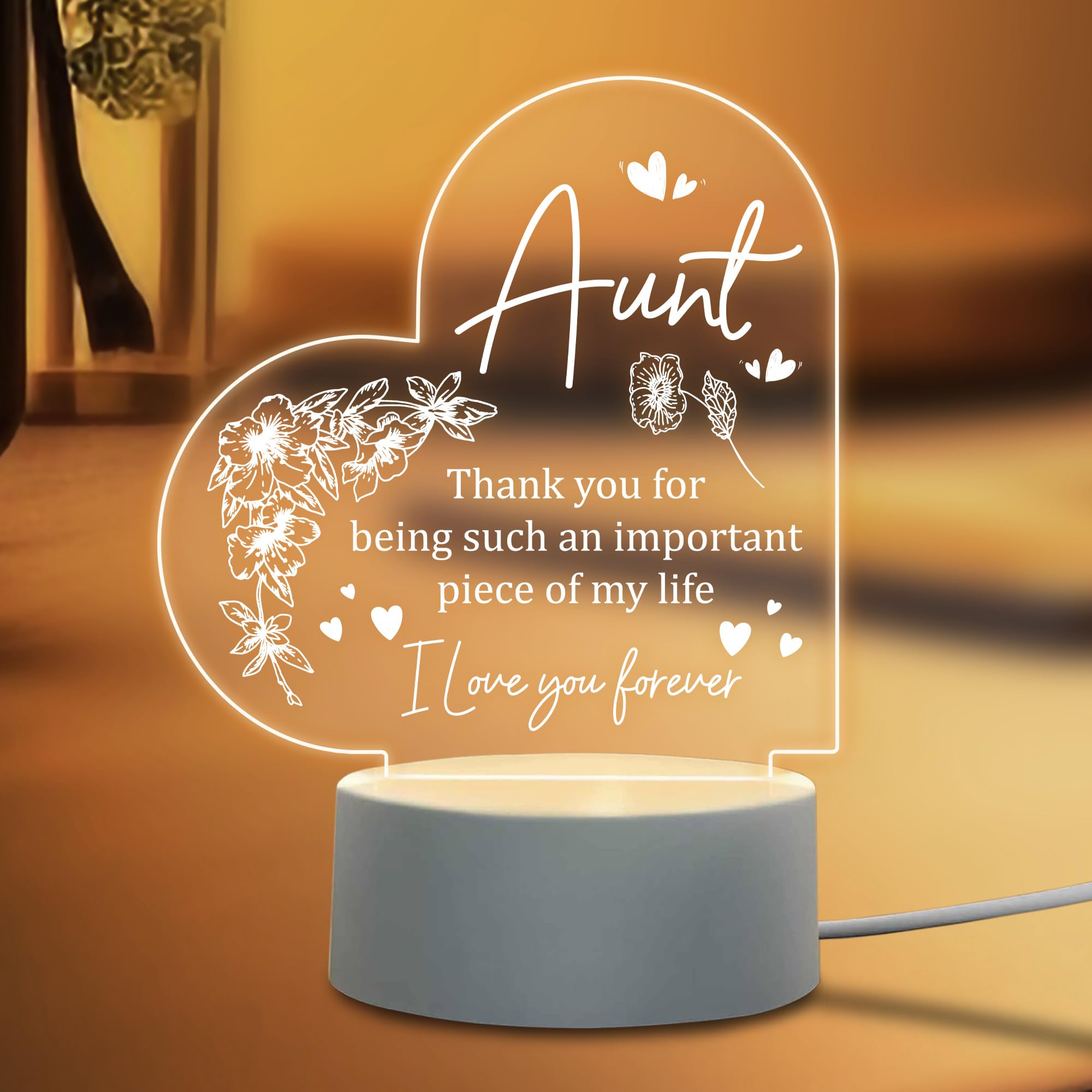 Aunt Birthday Gifts from Niece Nephew, Acrylic Engraved Night Light With Base for Mother's Day Thanksgiving Christmas