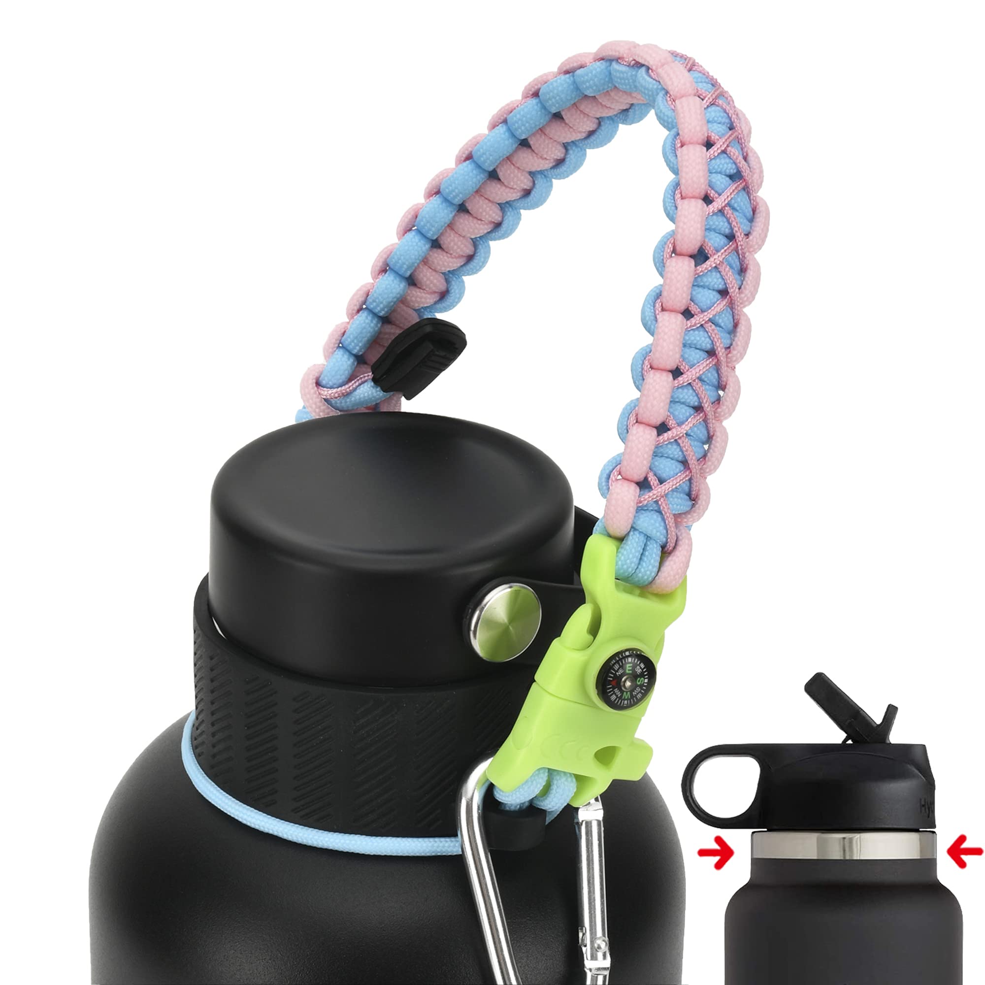 QeeCord 2.0 Paracord Handle for Hydroflask 2.0 Wide & Standard Mouth Water Bottles Strap Carrier with New Safety Ring Holder, 12oz - 64oz