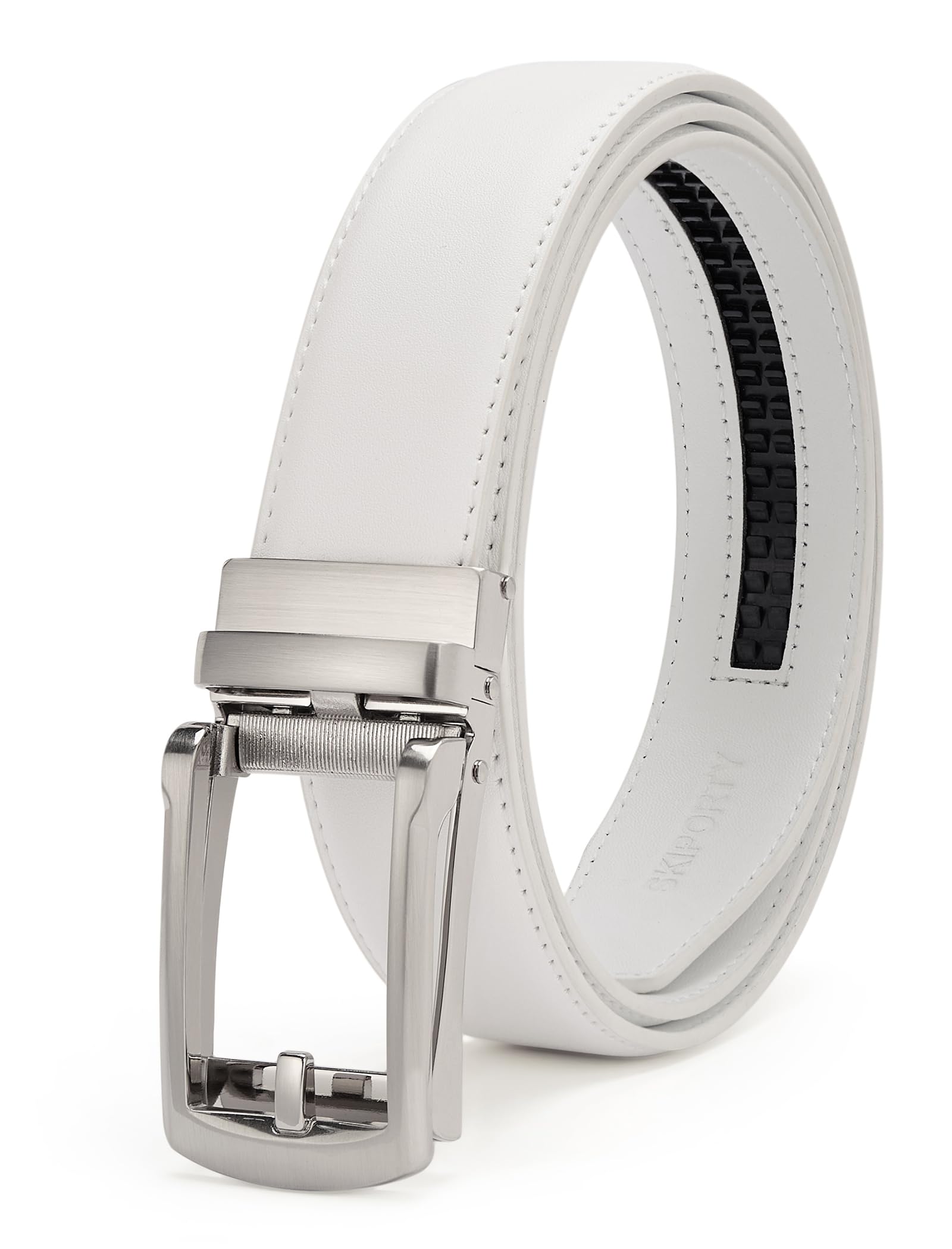 SKiporty White Mens Belt Ratchet Belts Dress Casual Leather Belt for Men With Slide Adjustable Click Buckle Gifts Box