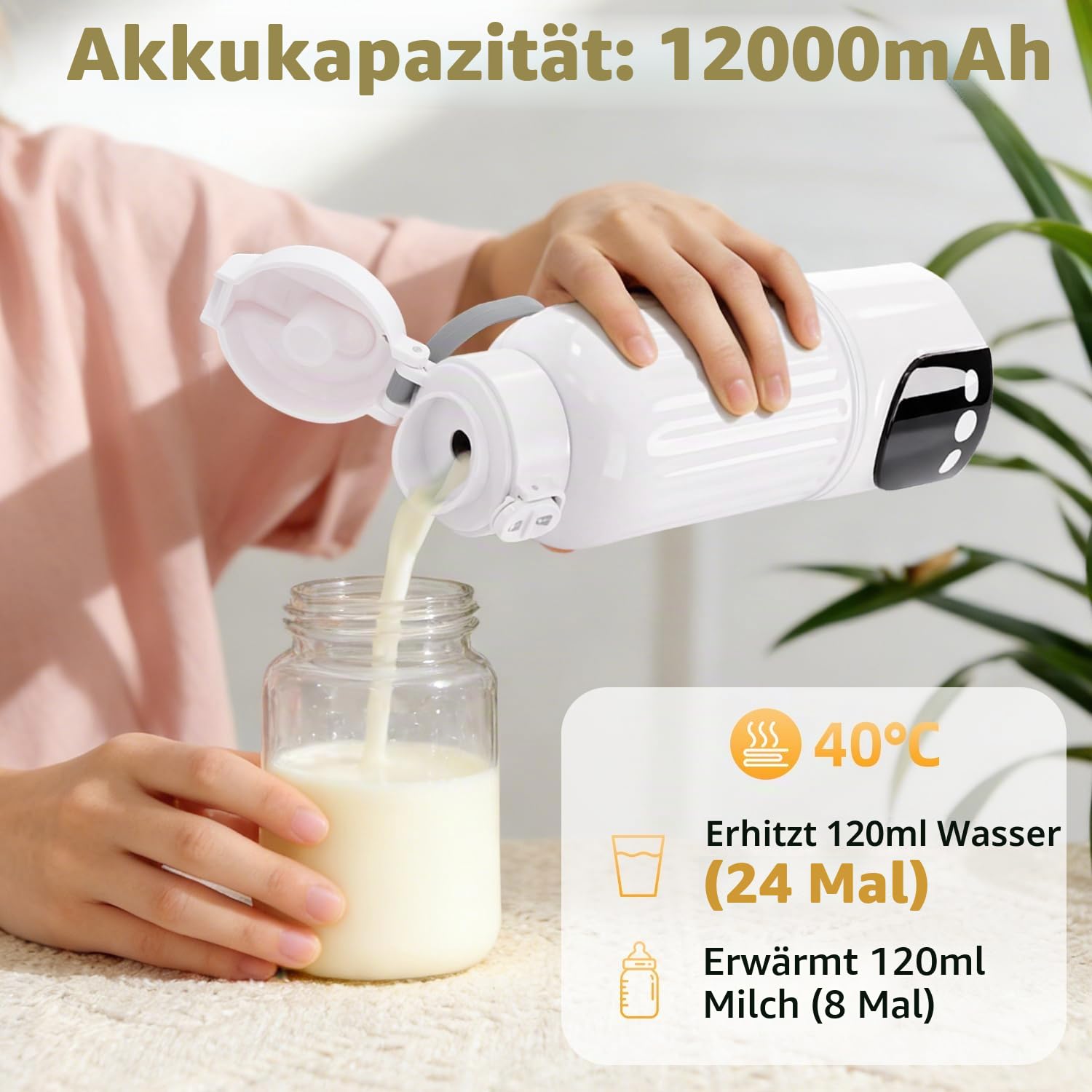 Tragbarer Babyflaschenwärmer für Unterwegs, 500ml Muttermilchwärmer, 12000mAh Akku, 120W Schnellheizung, Temperaturregelung, 2 Heizmodi, mit Reinigungsbürste