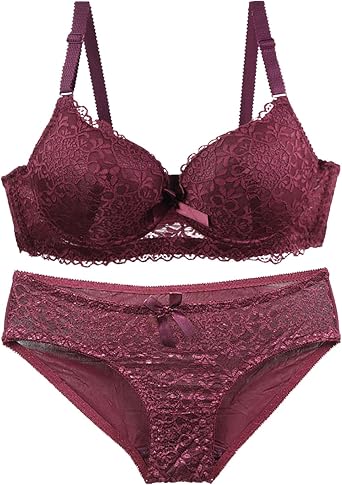Womens Lingerie Sets 2 Piece Lace V Neck Push Up Full Coverage Bra and Panty Set Support and Lift Bralettes