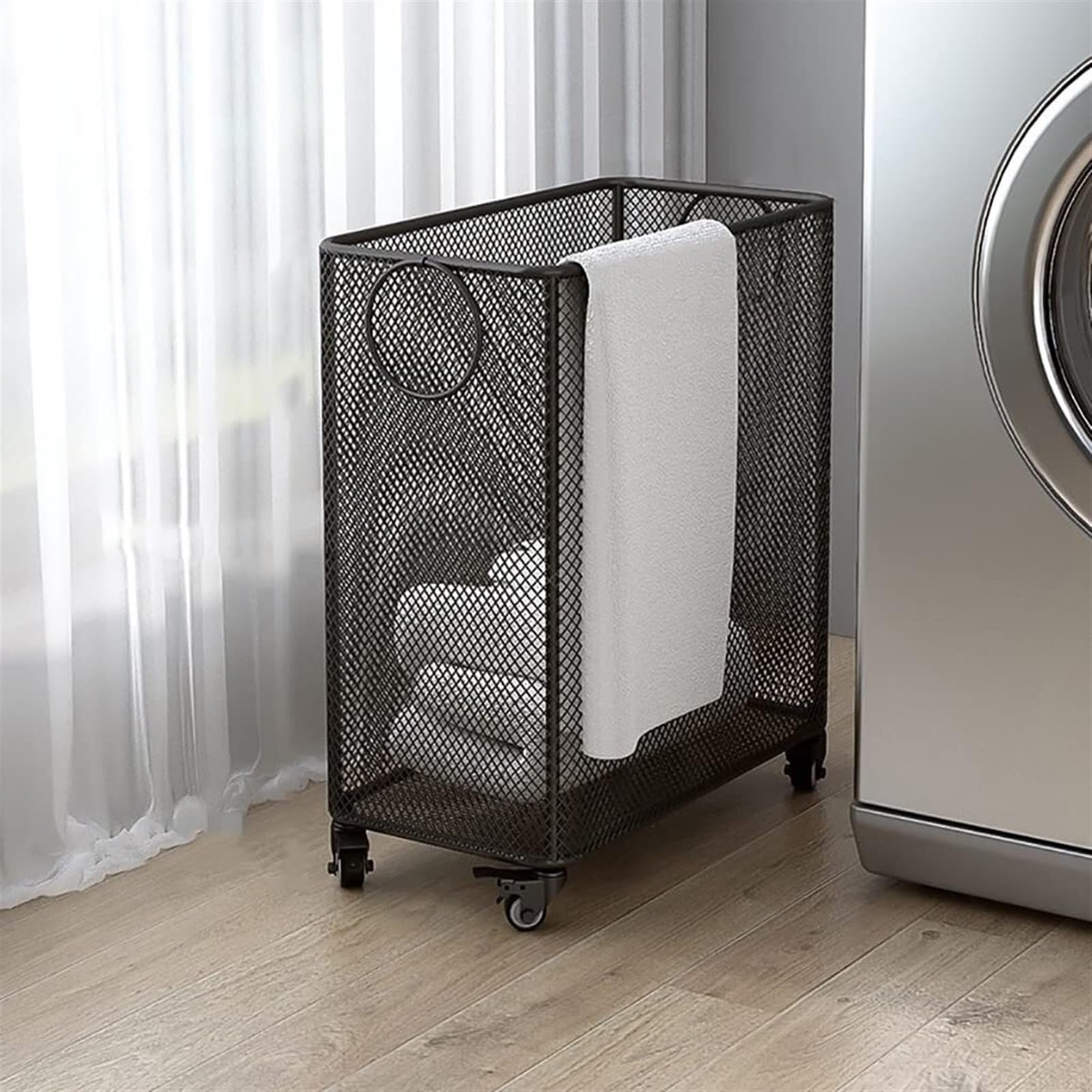 Cesto portabiancheria in metallo con ruote, carrello a rete da 45 litri, contenitore for riporre vestiti o biancheria, for soggiorno, bagno, lavanderia o camera dei bambini(Black)