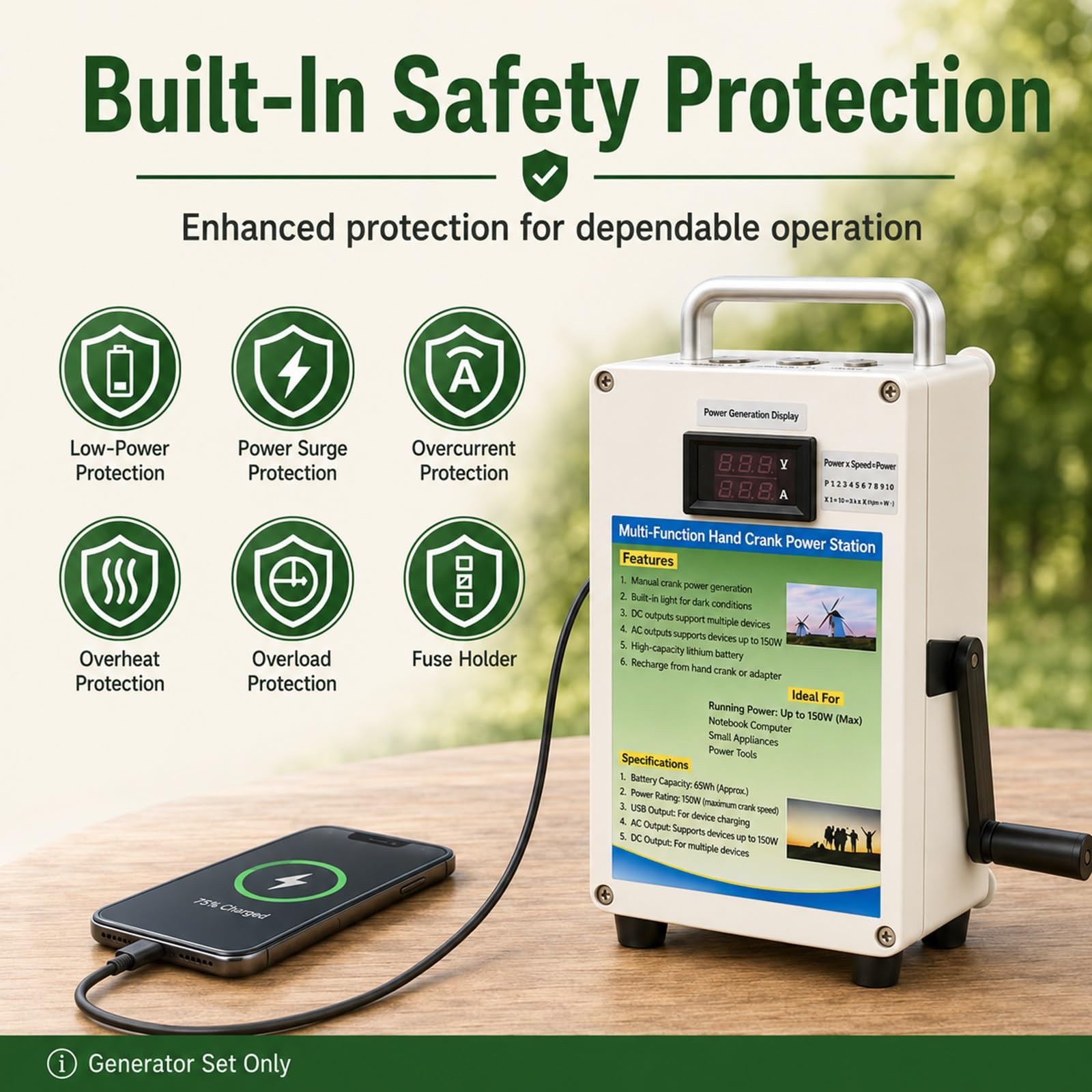 Cargador a Manivela Portátil 150W Estación de Energía Generador Urgente | Equipo Manual Dinamo USB Teléfono Supervivencia Camping Exterior, Fuente Energía Rápida Confiable de Campo