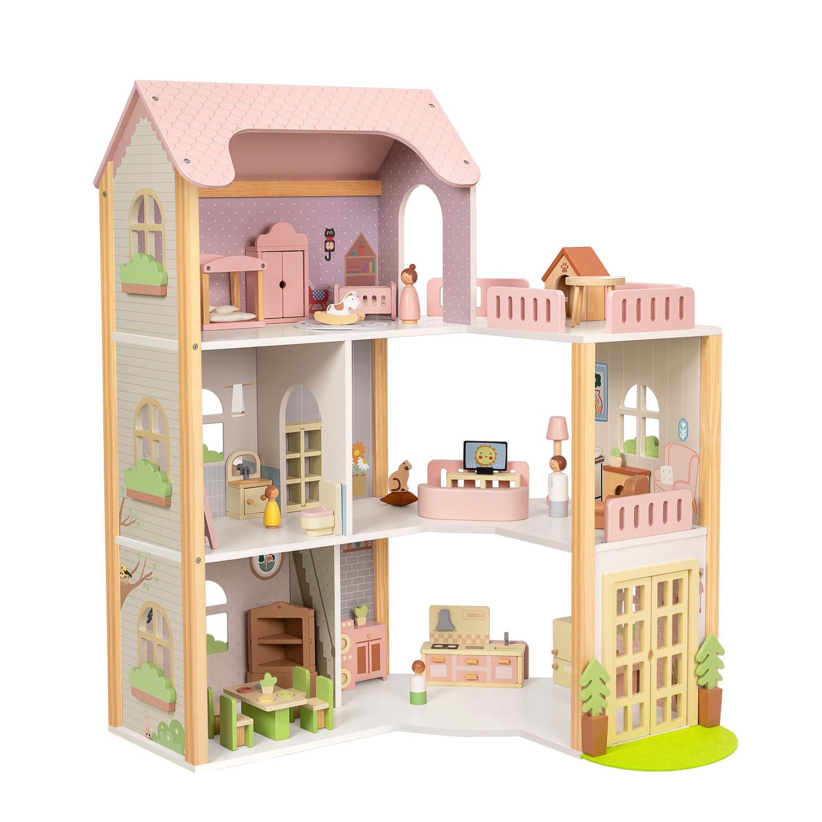 OOOK Puppenhaus Holz, Puppenhaus ab 3 Jahre Mädchen mit 60 Möbel Zubehör, 3-stöckiges Holzpuppenhaus Groß mit 4 Puppen und 2 Haustieren, Wooden Doll House for Girls | 4 Puppen und 2 Haustiere, großes 3-stöckiges Puppenhaus mit 6 Zimmern, Puppenhaus für Mä