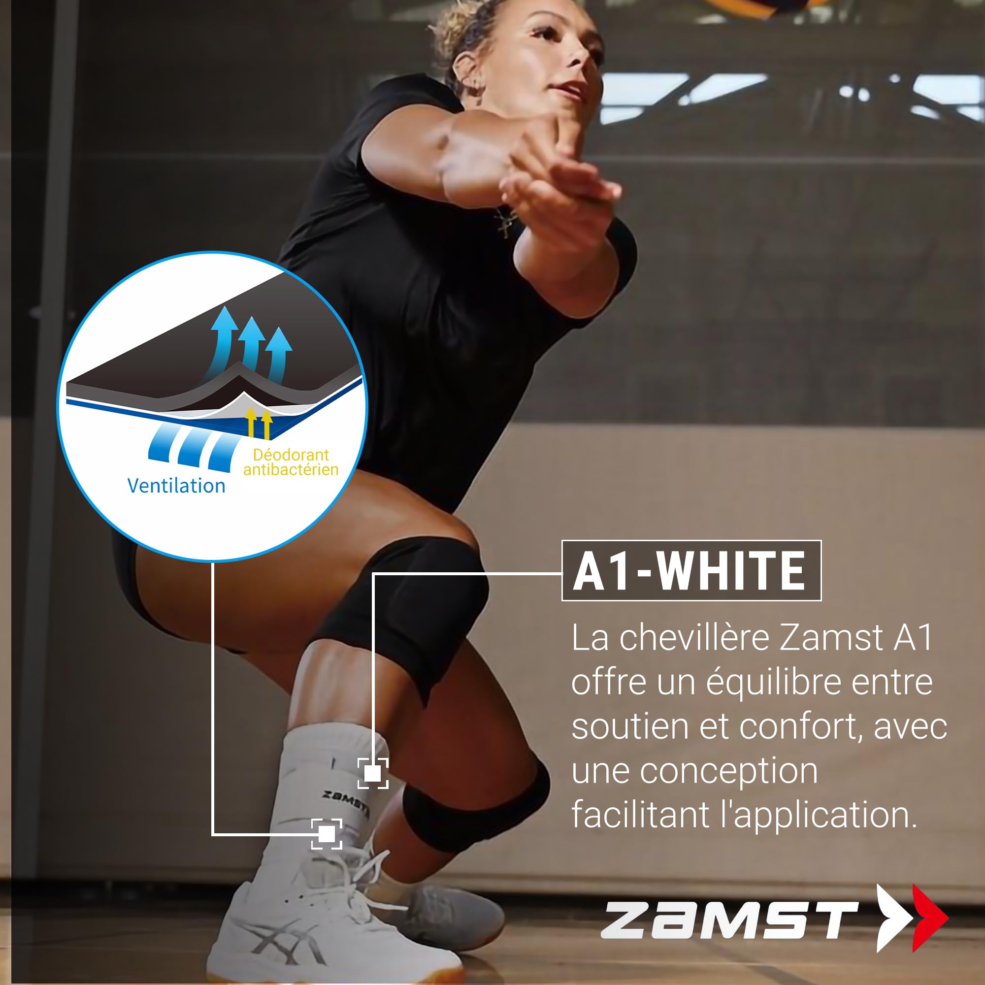 Zamst A1 Chevillère Blanche de Sport Support Respirant pour Hommes et Femmes avec Sangles Ajustables à Trois Bandes Pied Droit Taille M