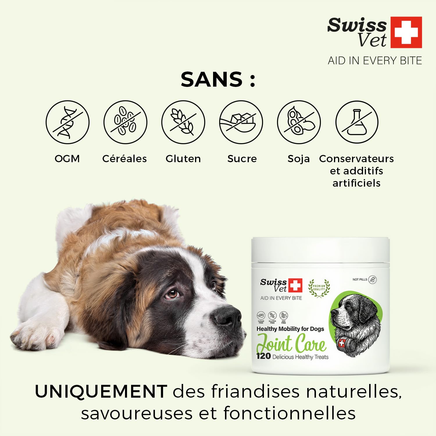 SwissVet Articulation Chien - 60 Friandises Glucosamine, Chondroïtine, MSM & Collagène - Soutien Mobilité, Arthrose & Douleurs - Vitamines C & E - pour Vieux Chiens & Chiots - Poil & Articulations