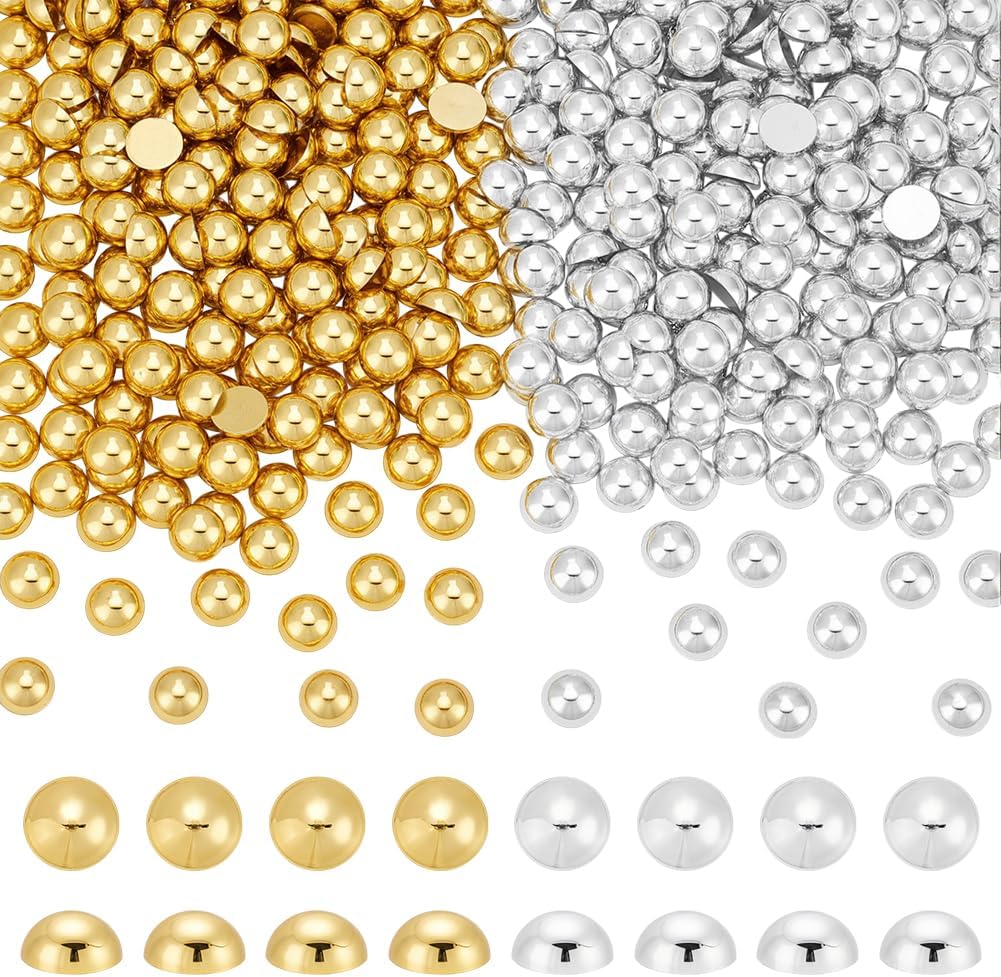 PH PandaHall 800pcs Flat Back Half Round Pearls Gold Silver Flatback Pearls, 10mm Round Cabochons Flatback for Craft Projects Jewelry Making Shoes Scrapbook Nail Art Decoration