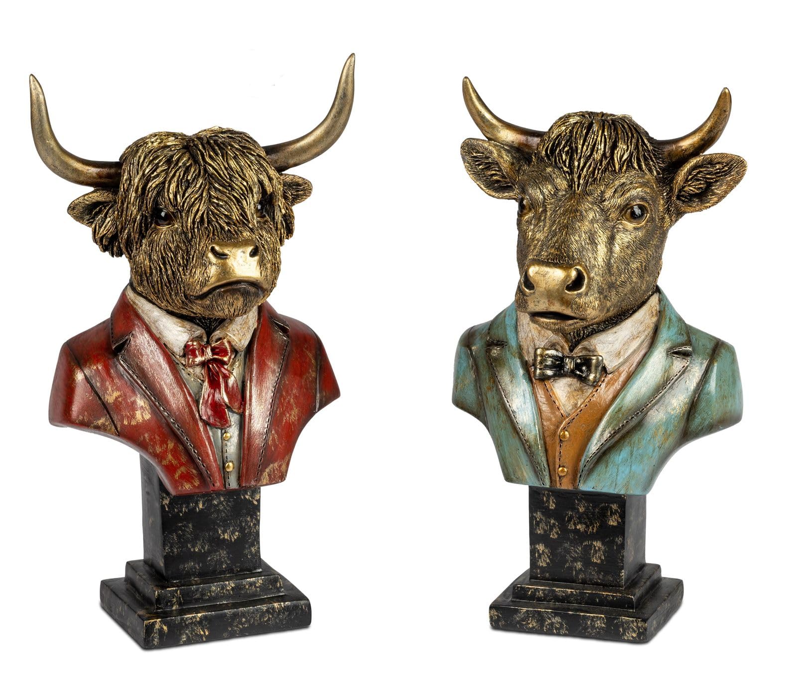formano Dekofigur 2er Set Kuh Set Deko-Büsten - Polyresin 23 cm Handbemalt bunt - Tierfiguren im Gentleman-Look - Hochwertige Wohn-Deko & Geschenkidee für Wohnzimmer, Büro oder Landhausstil