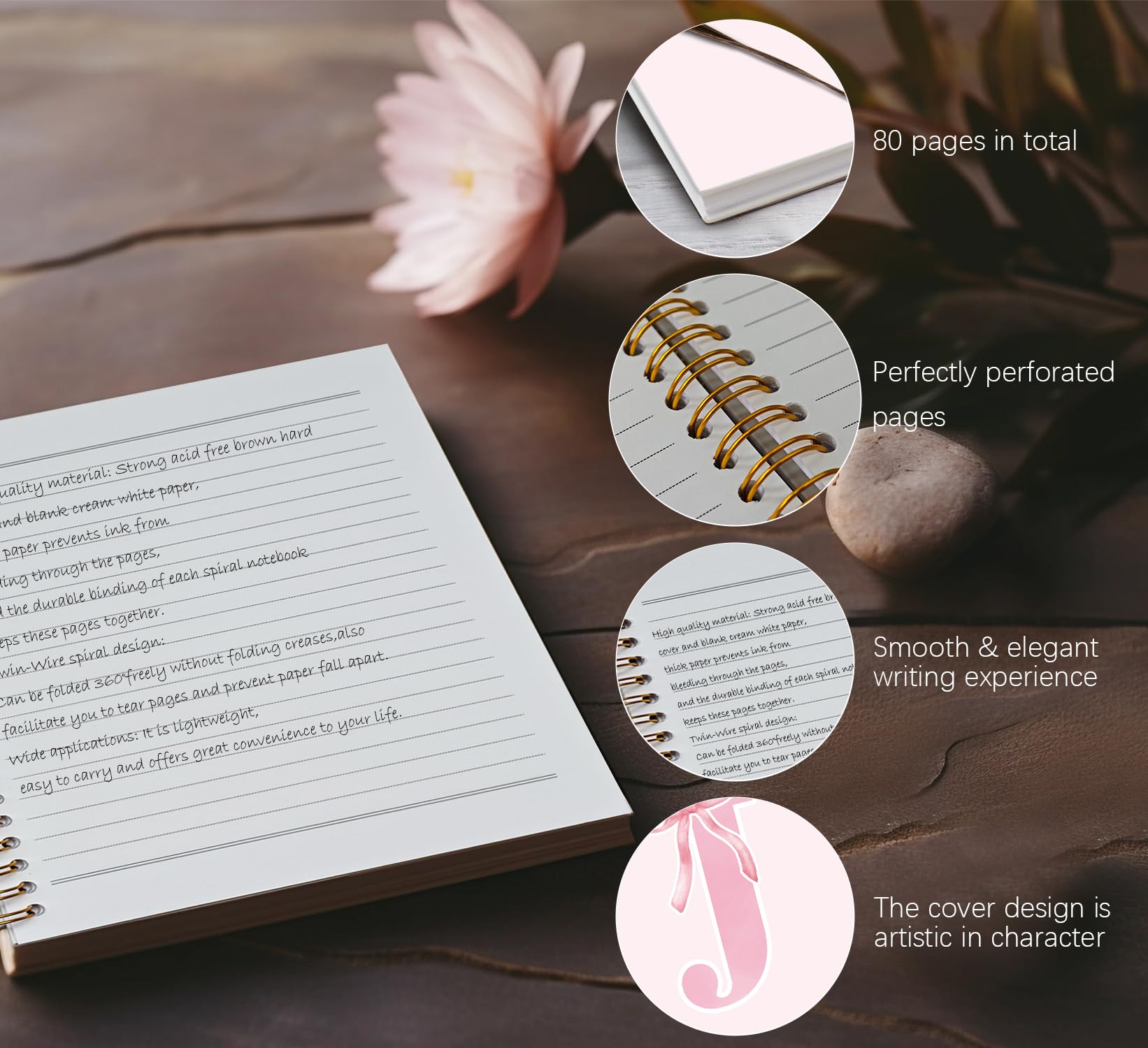 foedor Cuaderno de Diario con Lazo Rosa para Niñas, Diario Personalizado con Inicial J para Adolescentes, Regalos Bordados para Mujeres, Divertido Cuaderno de Espiral de Tapa Dura 14 x 21 cm