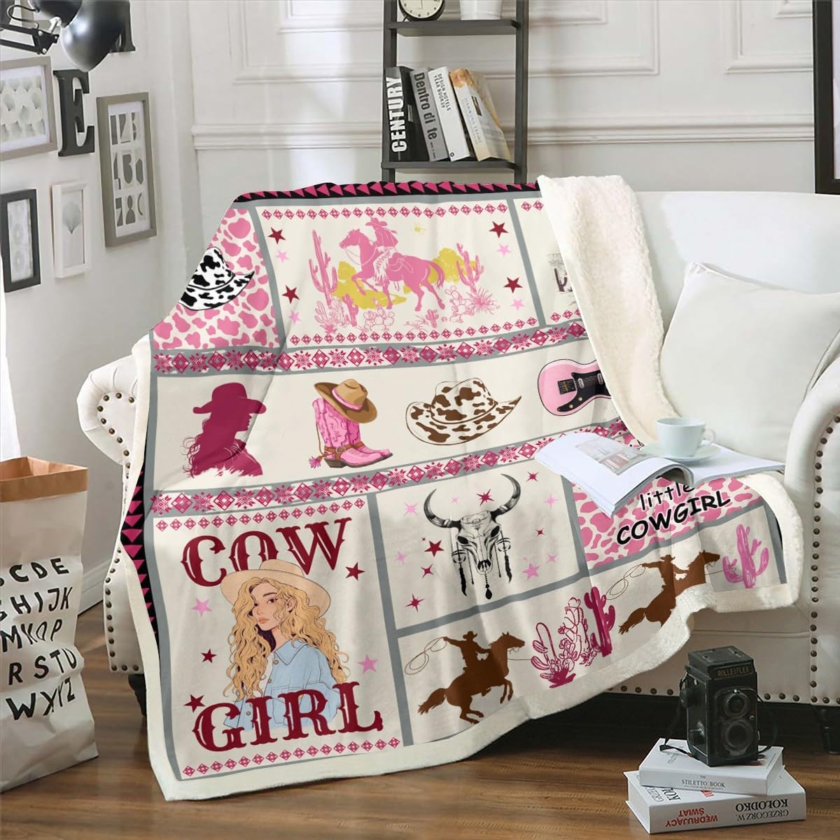 Erosebridal Western Cowgirl Queen Size 90''x90'' Blanket Cowboy Western Horseshoe Blanket for Kids Girls Pink Room Decor, Boho Stripes Cow Print Fuzzy Blankets for Bed Couch