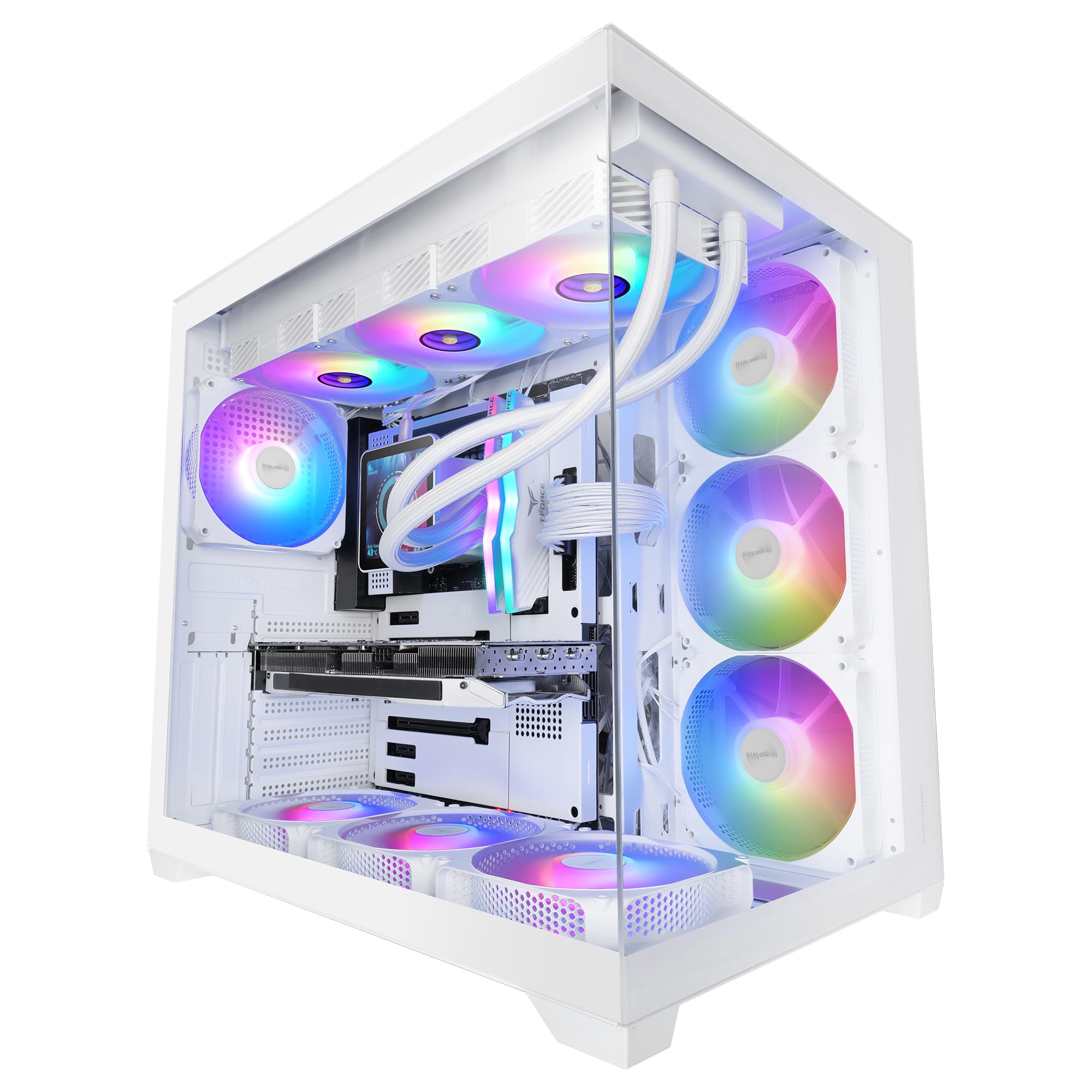 Mars Gaming MCV5, Caja PC ATX, Cristal Templado Panorámico, 4x Ventiladores ARGB 120mm, 7 Slots PCI Horizontales + 2 Slots PCI Verticales, Compatible con Placas Base de Conector Inverso, USB-C, Blanco