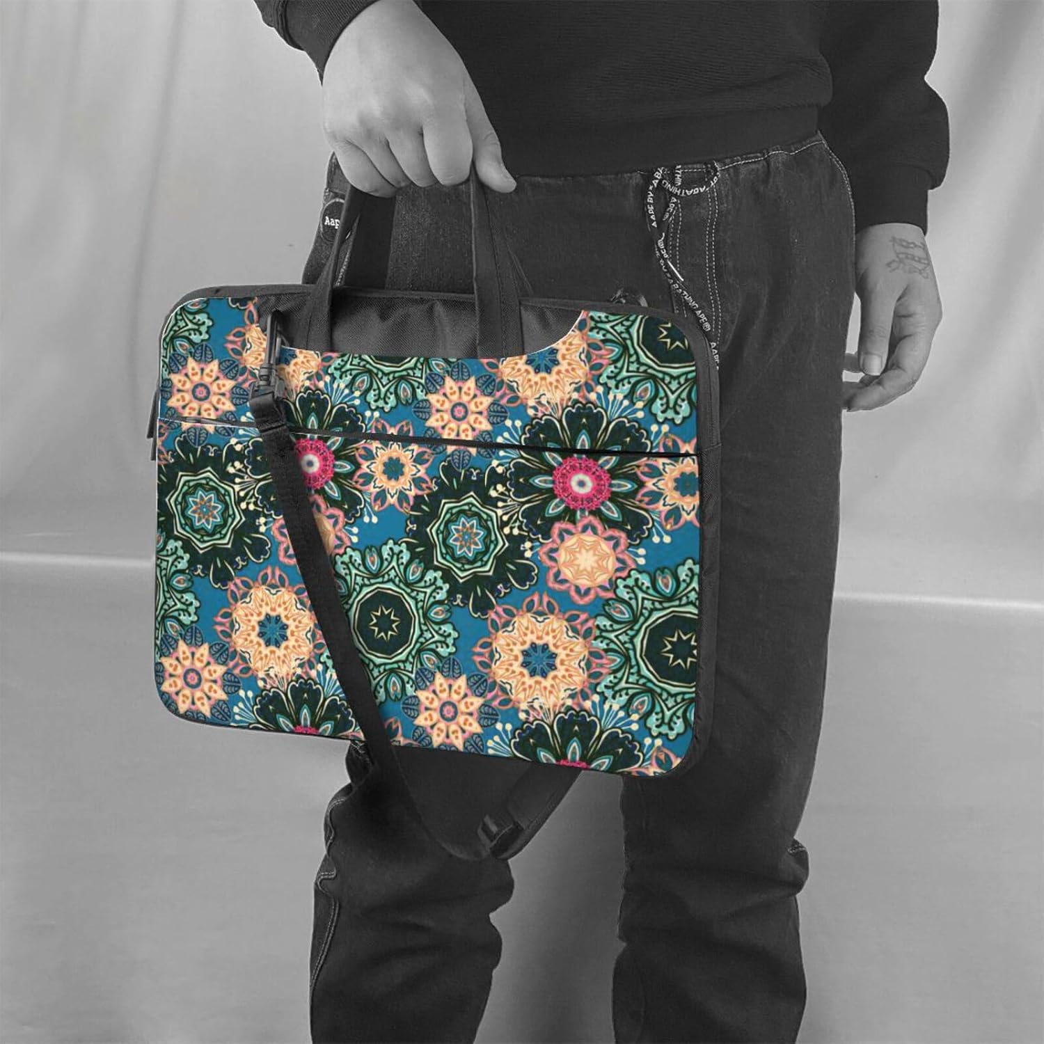 Bohemian Flower Print Laptop Shoulder Bag Messenger Bag Notebook with Accessories Pocket 13/14/15.6 inch