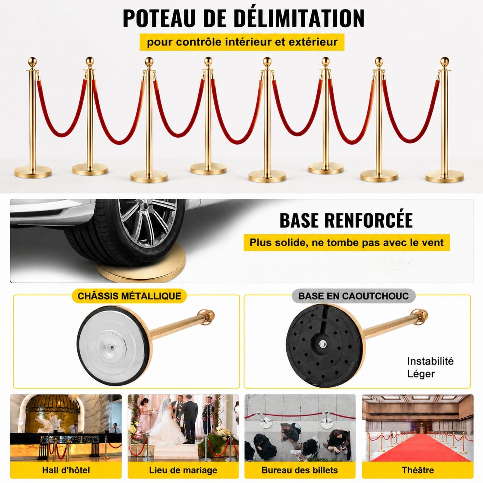 8 poteaux de guidage dorés avec corde en velours rouge