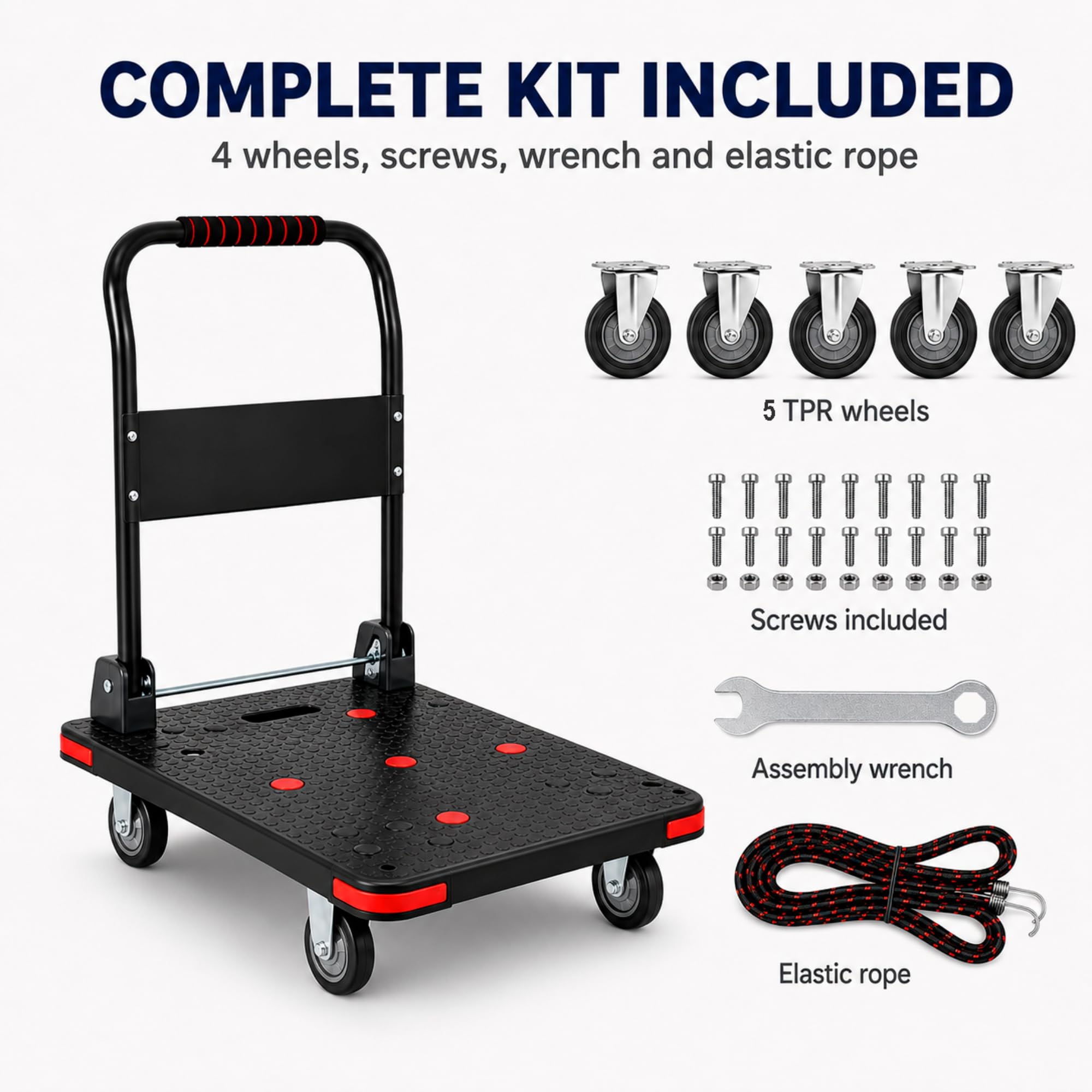 Carrello Piattaforma Pieghevole Supporta 550 kg Nero, Ruote TPR 5" | Carrello di Trasporto per Magazzino e Traslochi