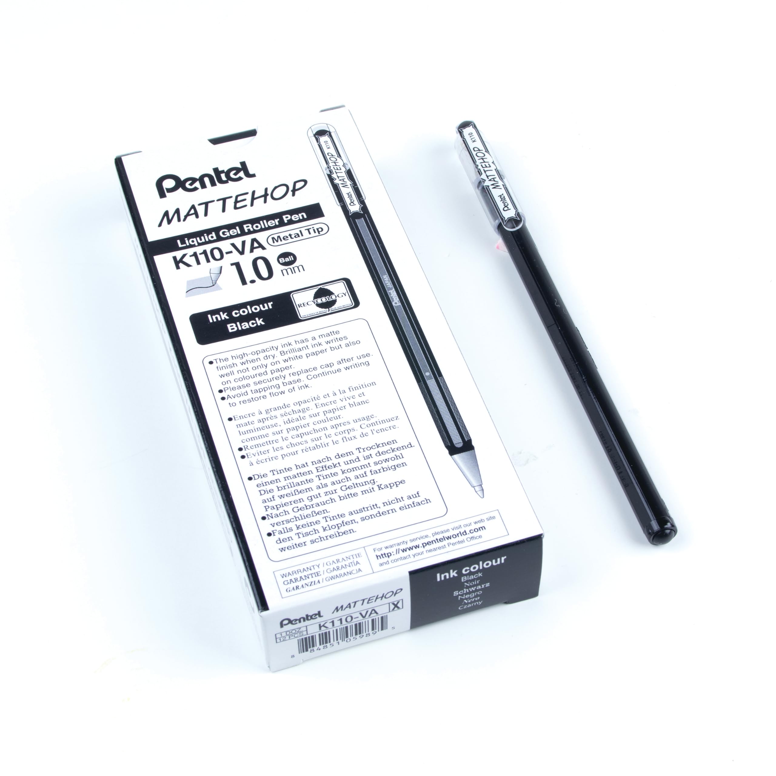 Pentel Mattehop Matte Gel Rollerball Pen, Art, Sketching, Journaling, 1.0mm Medium Point Size, Black Ink, Box of 12