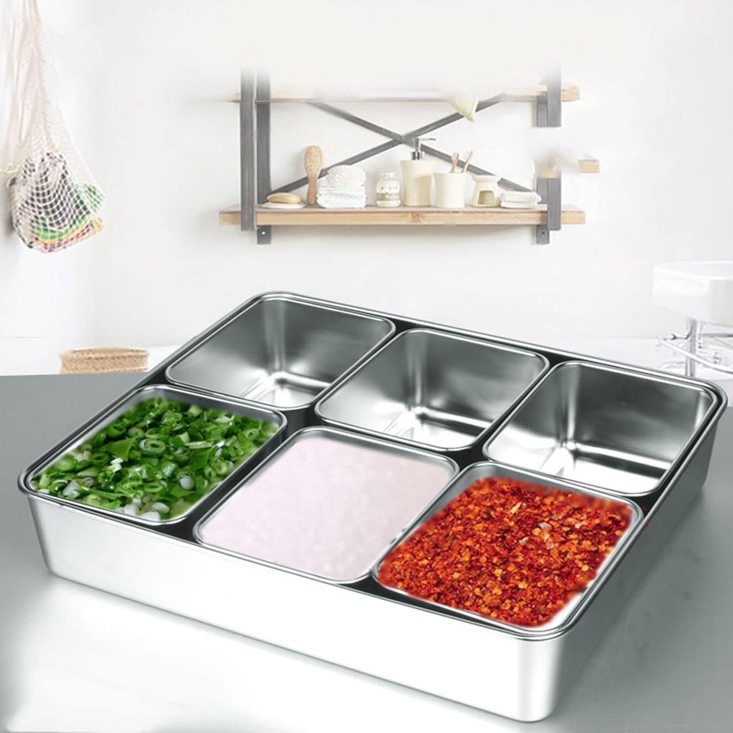 Seasoning Box, 6 Grid Stainless Steel Storage Container Condiment Jars Seasoning Box with Cover and Spoon Kitchen Utensils for Home Restaurant