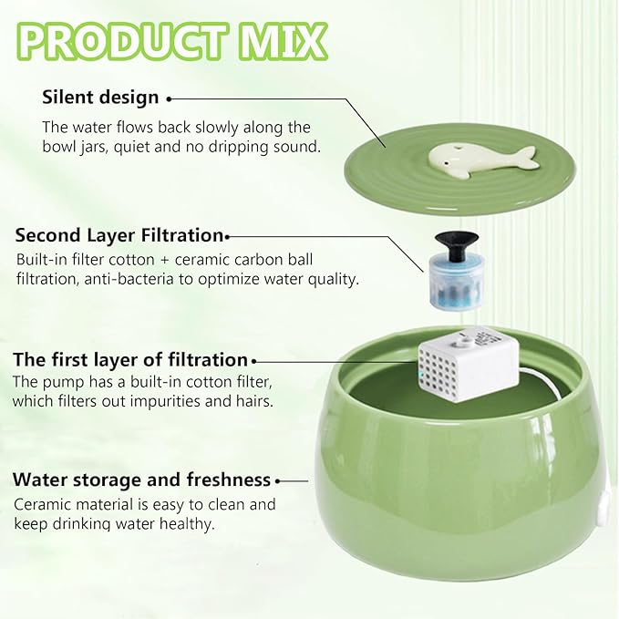 Fuente de Agua Automática para Gatos de Cerámica, 1.3L, Verde miniatura 6